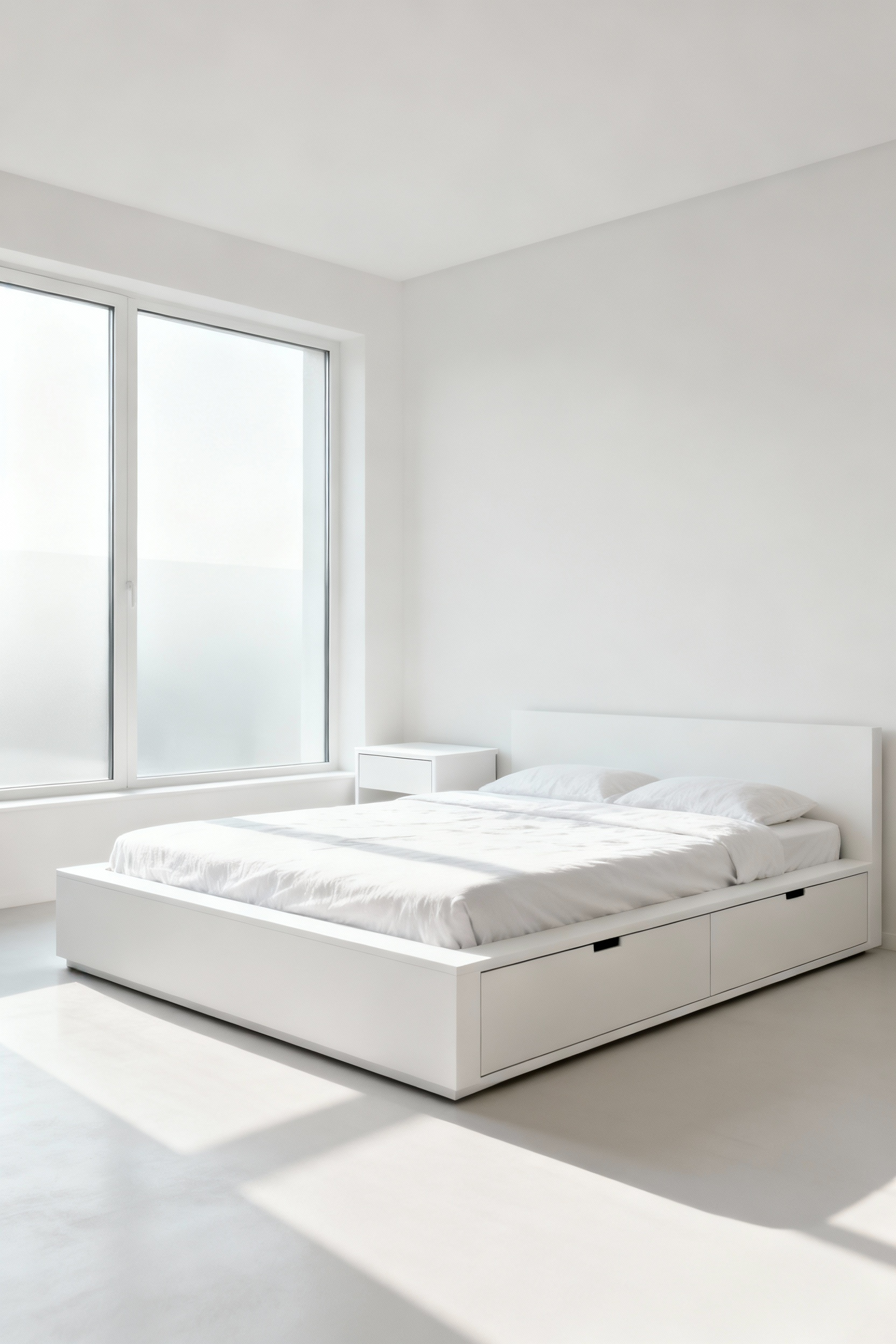 A serene, minimalist white bedroom featuring a low-profile platform bed with integrated storage and a simple white nightstand. The white furniture has clean lines, showcasing understated form and functional purity in a bright, tranquil space.