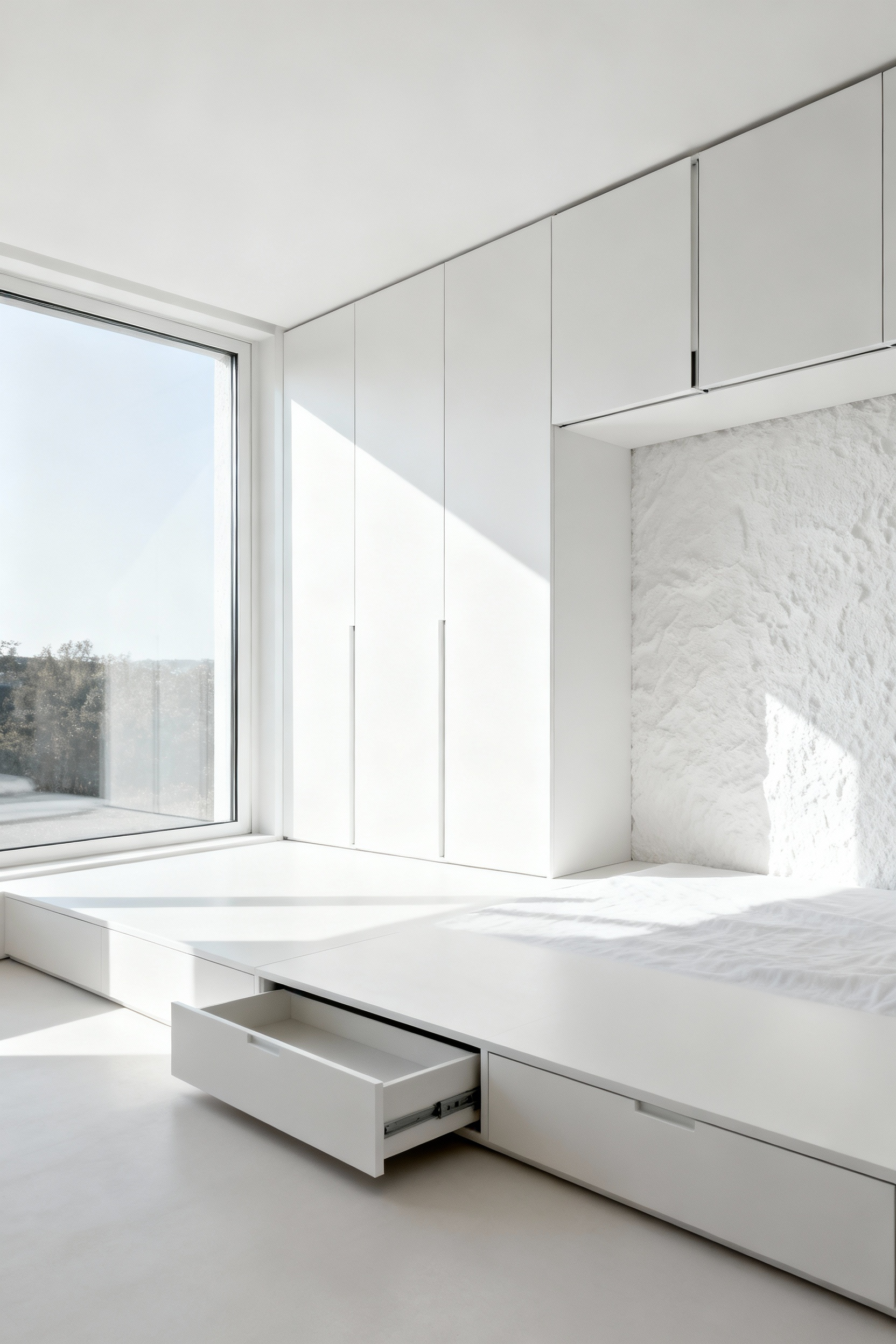 A minimalist white bedroom with sleek, handle-less concealed storage cabinetry blending into the wall, a white platform bed with hidden drawers, and abundant natural light for an uncluttered and serene aesthetic.