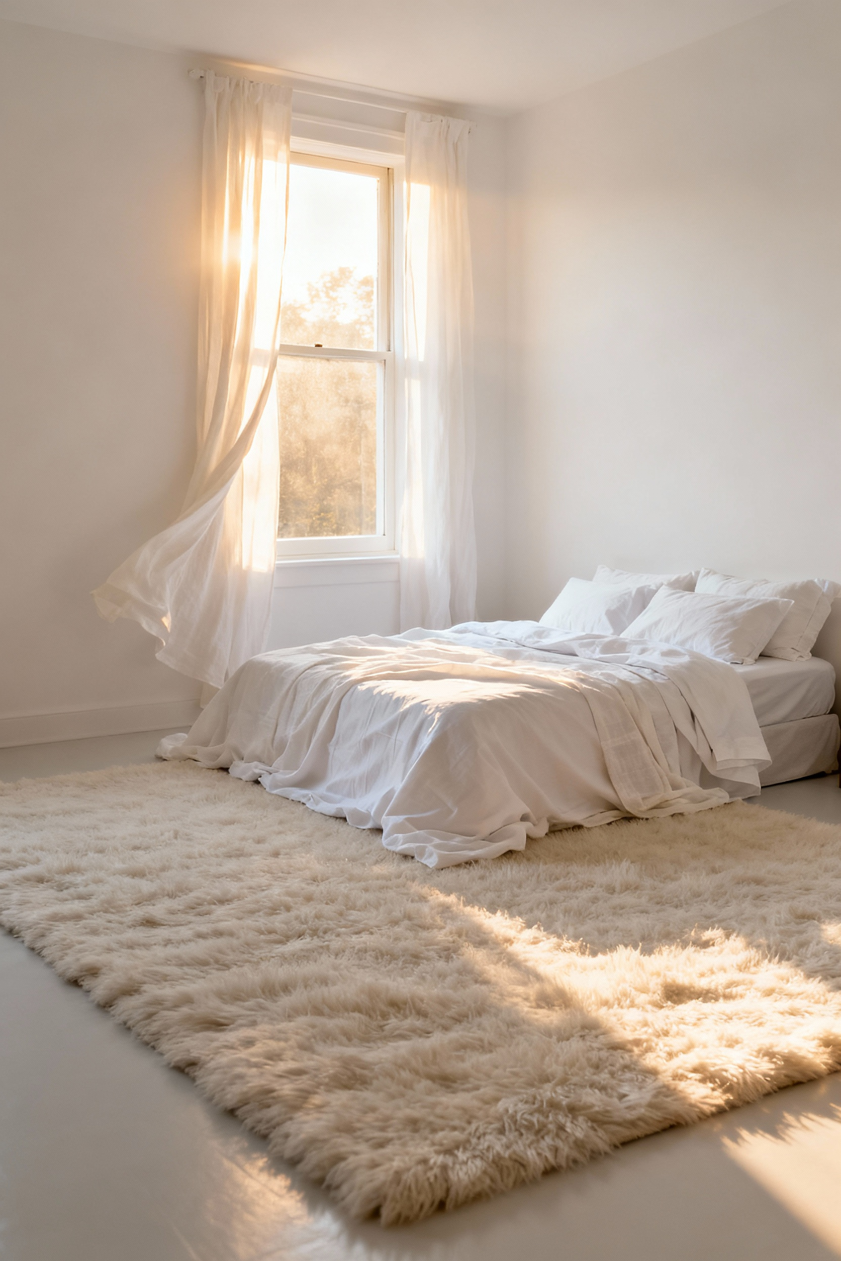 Pure white bedroom walls reflecting natural light, featuring soft linen drapery, a plush white rug, and layered white bedding for a serene, calming aesthetic.