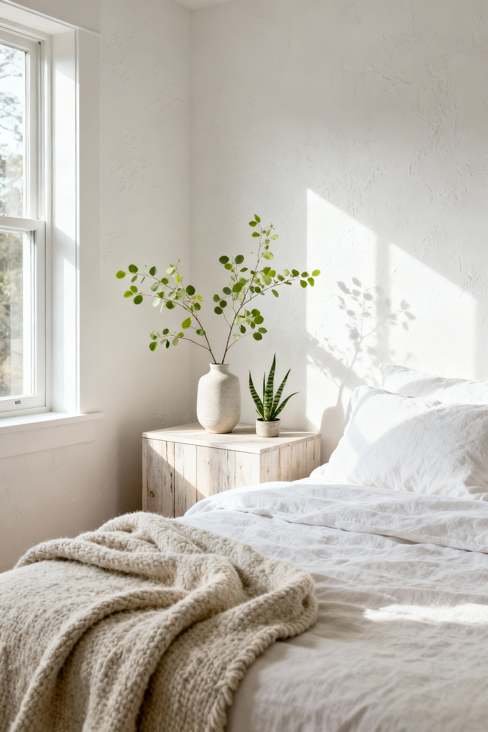 Eco-conscious white bedroom with organic linen bedding, reclaimed wood nightstand, and a snake plant, bathed in natural light, promoting sustainable living.