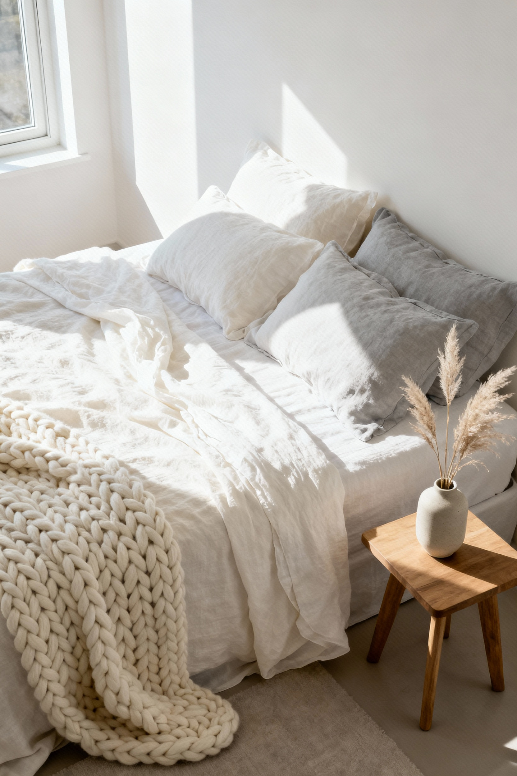 A serene white bedroom featuring layered textures and natural light, embodying a dynamic and adaptable aesthetic for growth.