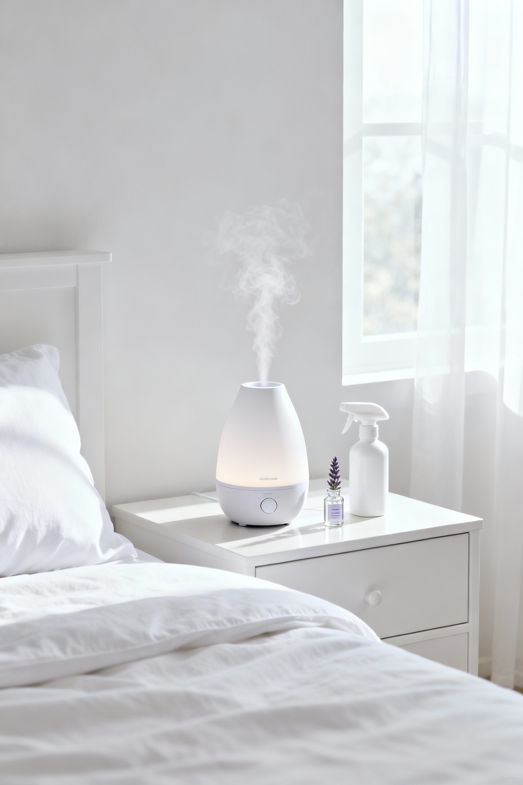 A minimalist white bedroom featuring an elegant ultrasonic essential oil diffuser emitting a gentle mist, beside a bottle of lavender oil and a linen spray on a pristine white bedside table. Soft, natural light illuminates the serene scene, highlighting the focus on calming aromas for a peaceful sleep environment.