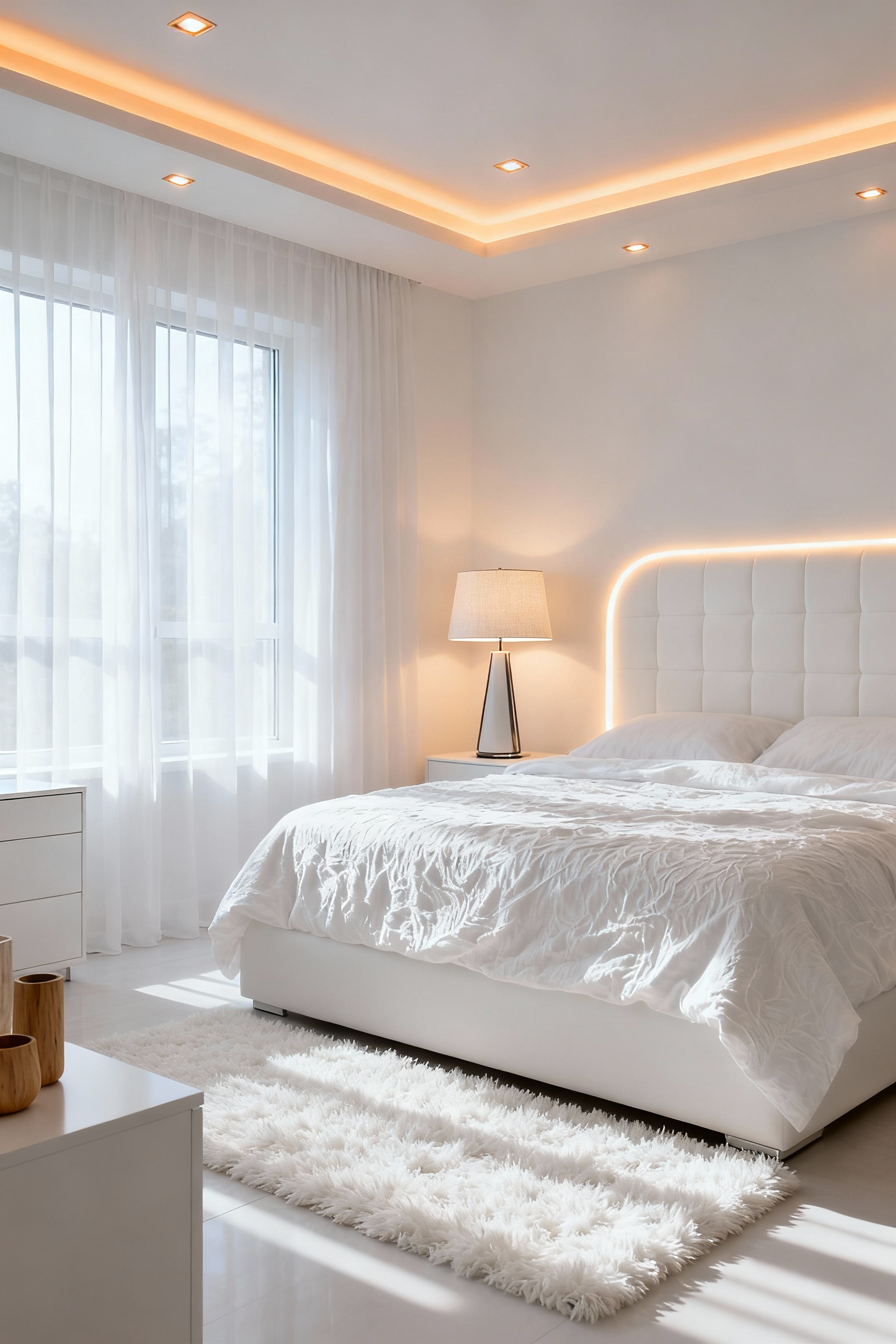 White bedroom showcasing strategic layered lighting for ambient radiance and mood setting. Multiple light sources including natural light through sheer curtains, recessed ceiling lights, and a bedside lamp create a warm, inviting atmosphere.