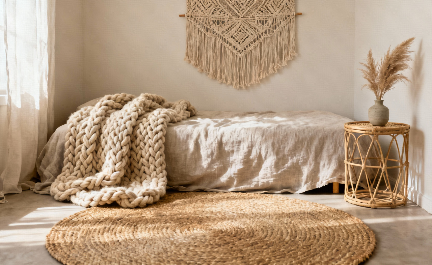 Boho bedroom with layered woven textures, including a jute rug, chunky knit throw, macrame wall hanging, and rattan furniture, creating organic warmth and a serene atmosphere.