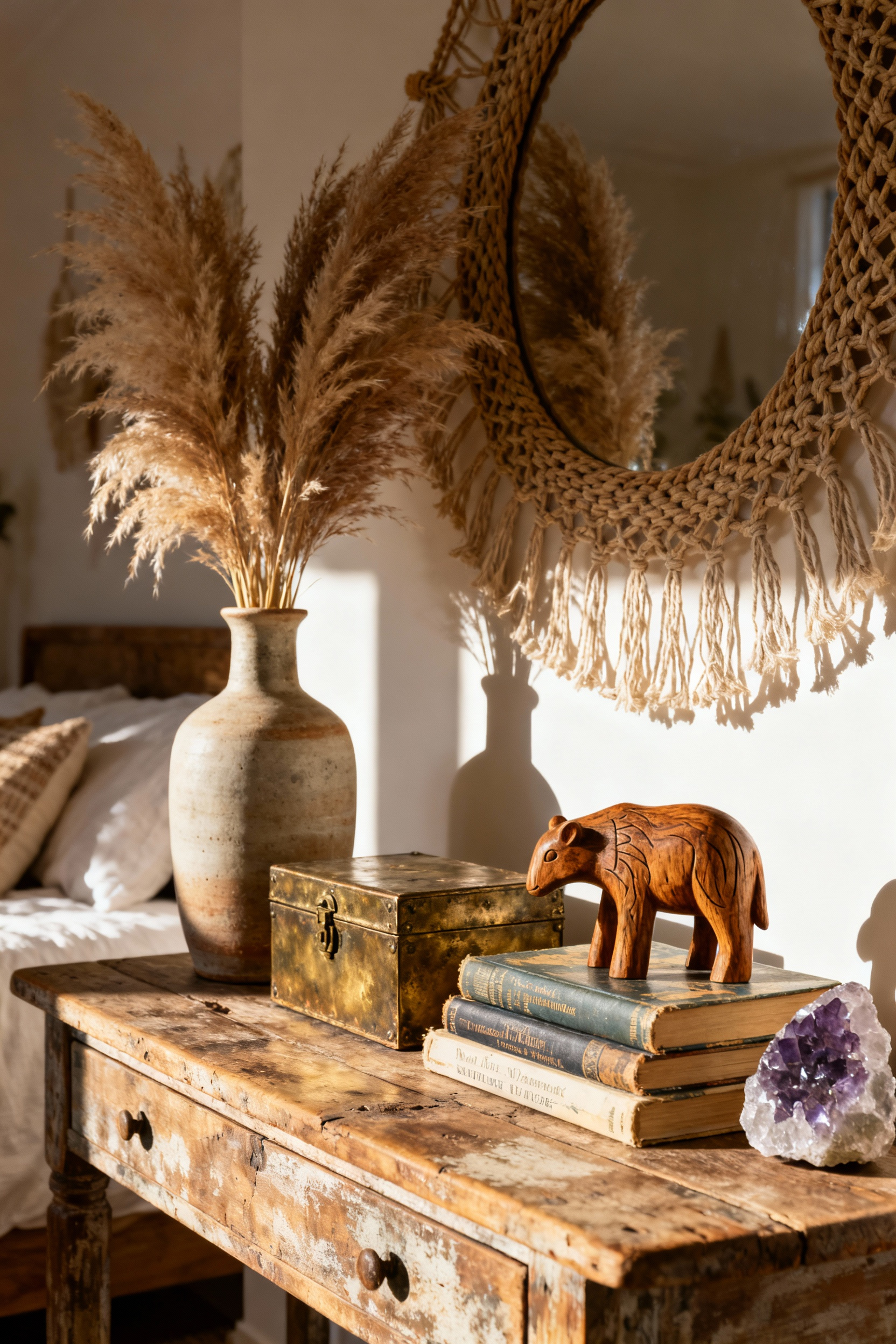 A bohemian bedroom features a carefully arranged display on a rustic wooden console table, showcasing a hand-thrown ceramic vase, vintage books, a brass box, and amethyst, framed by a macrame wall hanging in soft natural light.