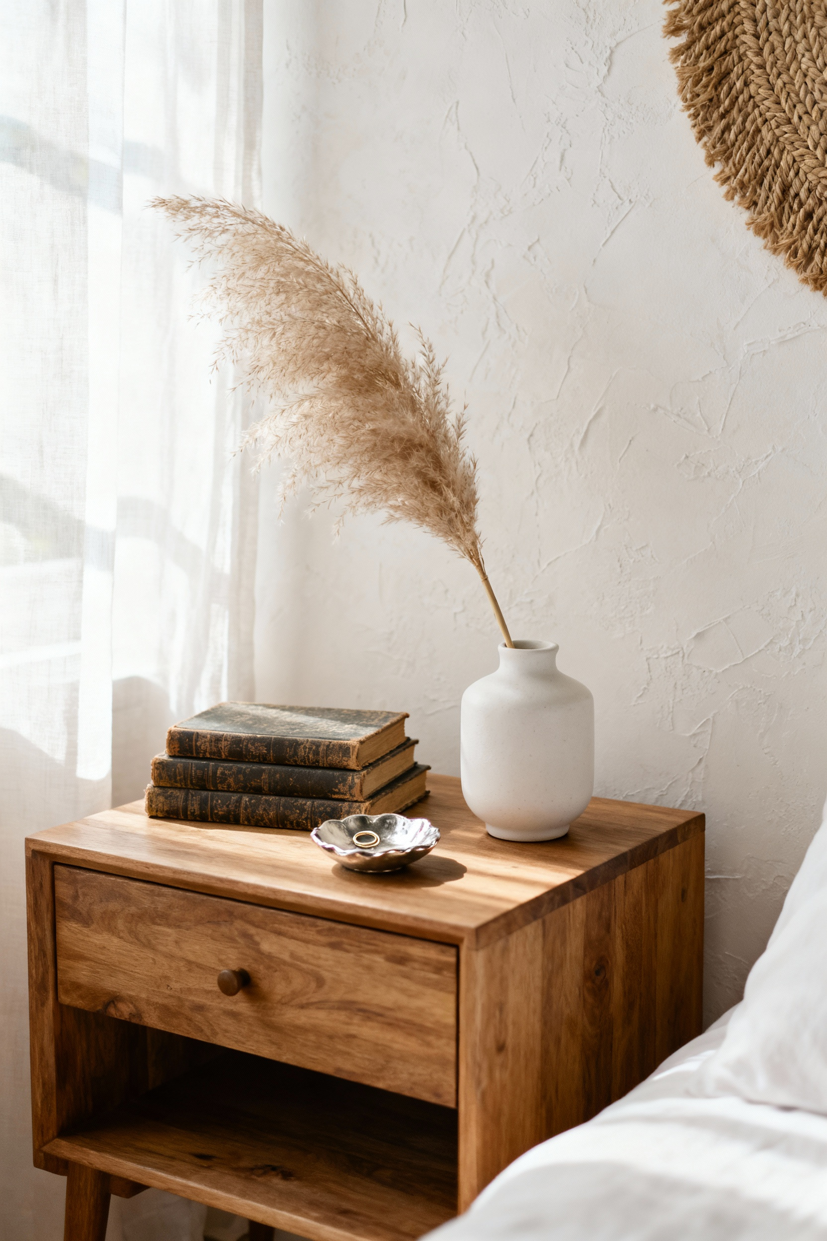 Boho bedroom corner with a natural wooden bedside table, ceramic vase with pampas grass, stacked books, and a ring dish, showcasing intentional decluttering and curated decor.