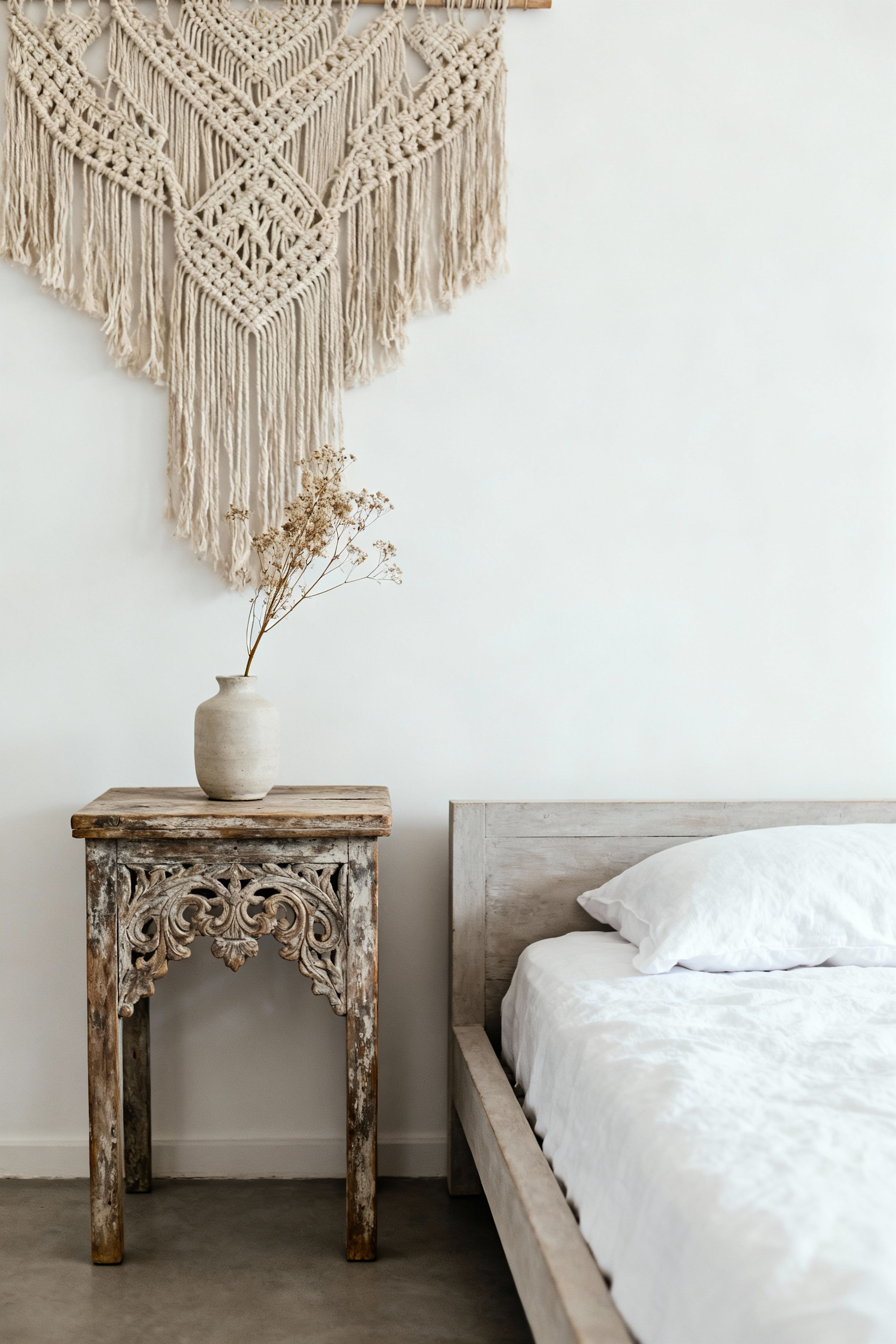 Boho bedroom with modern minimalist bed and antique carved wooden nightstand, featuring a vintage macrame wall hanging, blending old-world charm with contemporary design.