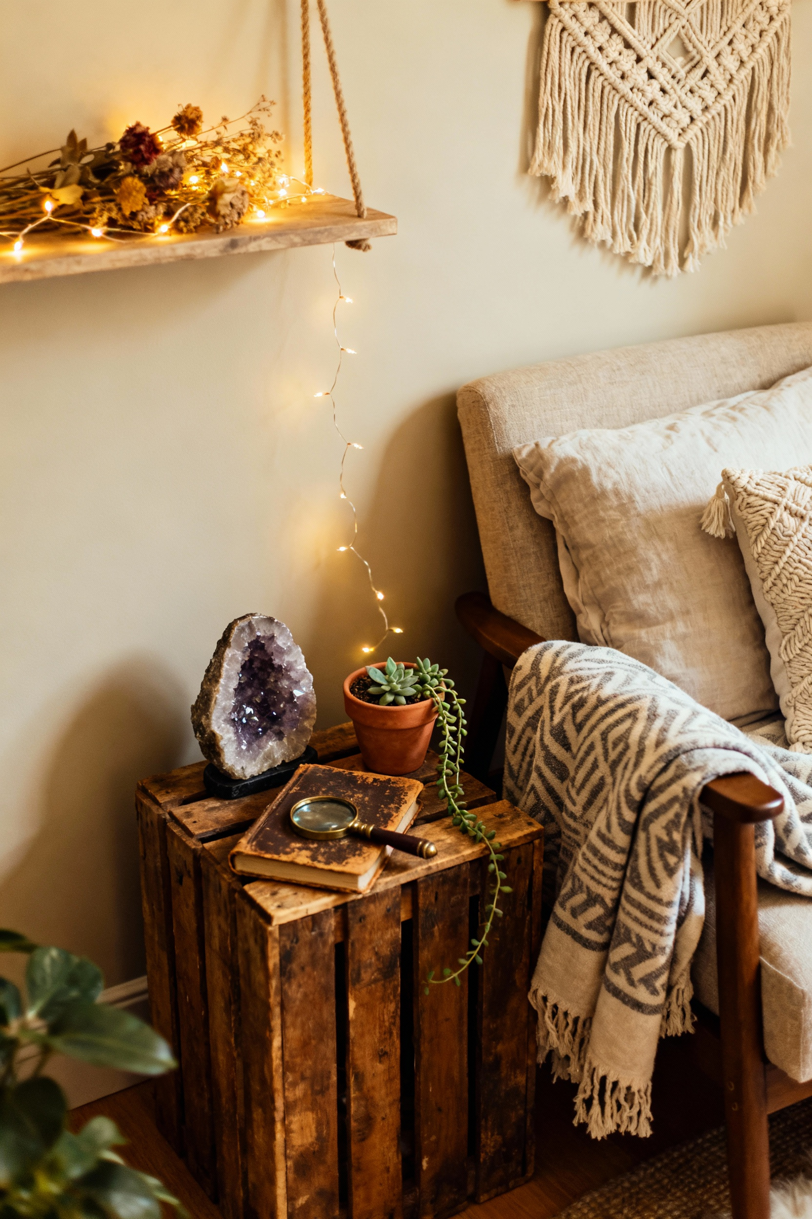 Bohemian bedroom cozy nook with vintage found objects and antique trinkets on a reclaimed wooden crate, featuring succulents, books, and soft lighting, creating a personalized, soulful space.