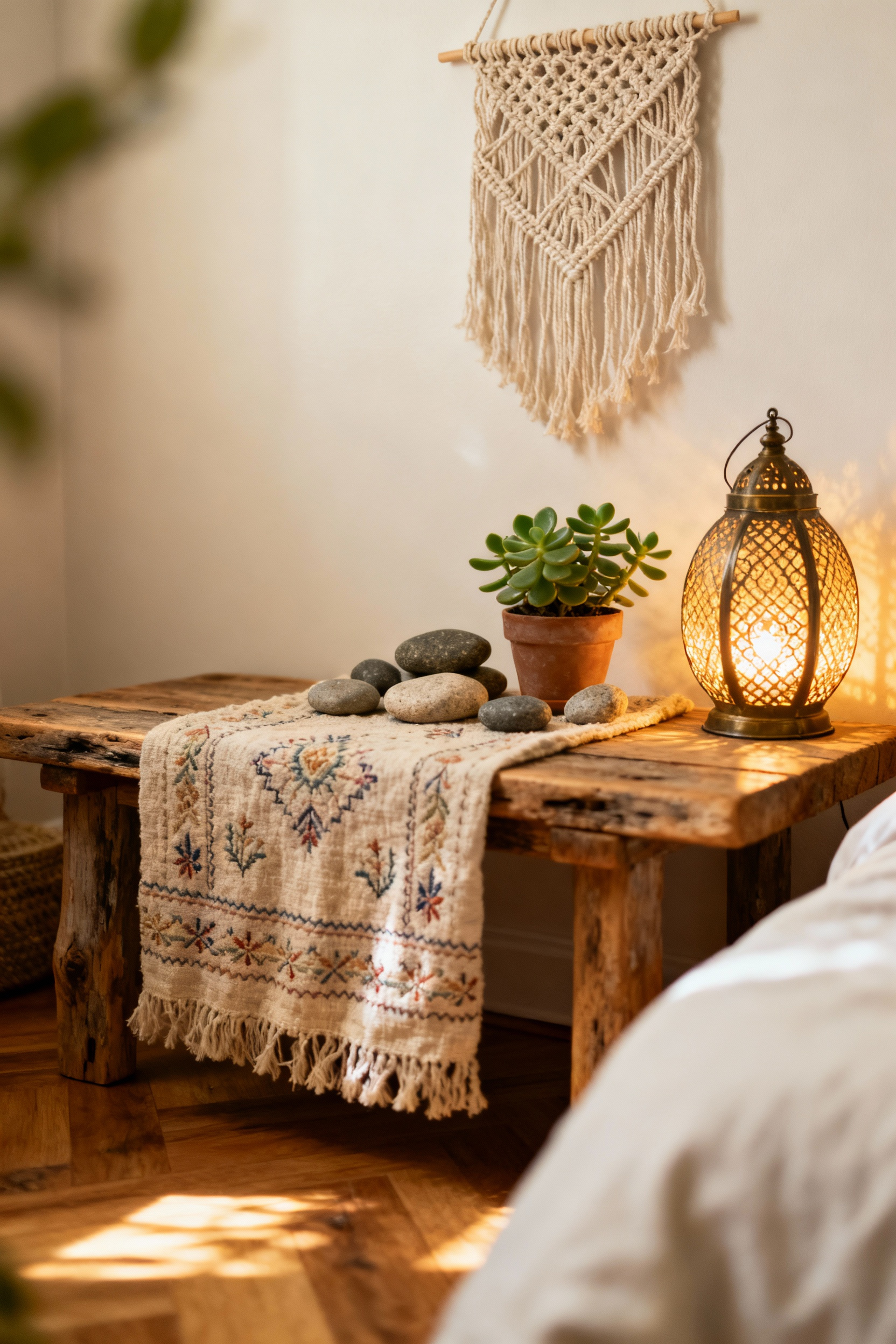 Bohemian bedroom corner designed as a sacred space, featuring a low wooden table, macrame wall hanging, crystals, a jade plant, and a Moroccan lantern in natural sunlight.