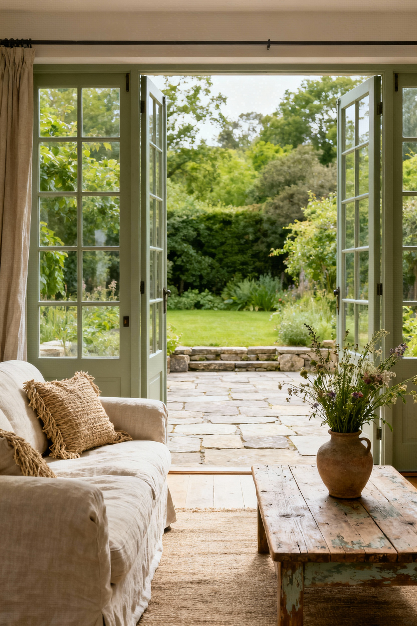 Country living room with open French doors leading to a garden, demonstrating seamless indoor-outdoor flow. Natural light, linen sofa, wooden coffee table, lush green plants, and a stone patio.