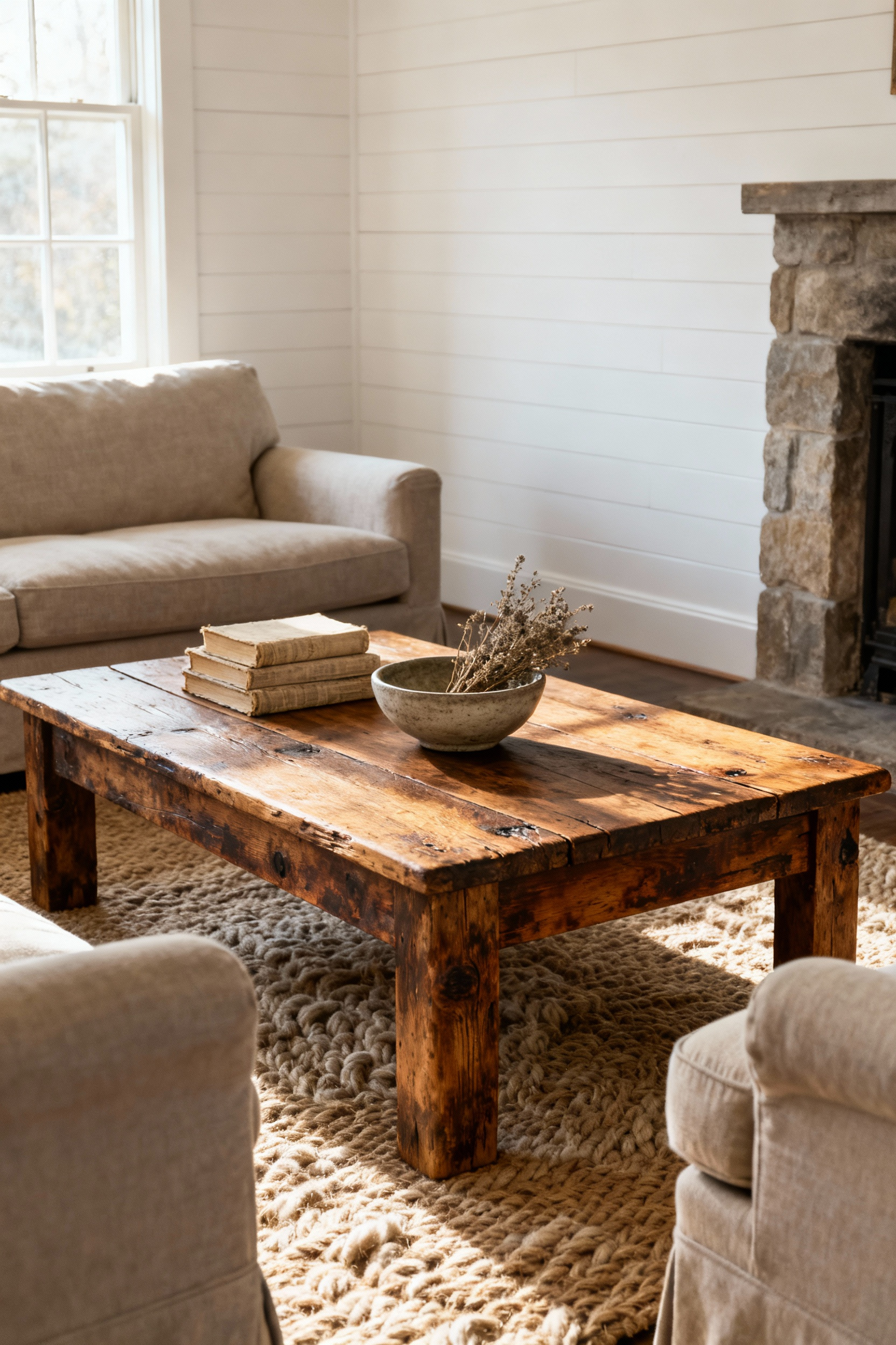 Rustic weathered wood coffee table in a cozy country living room, anchoring the seating arrangement, with natural light and antique accents.