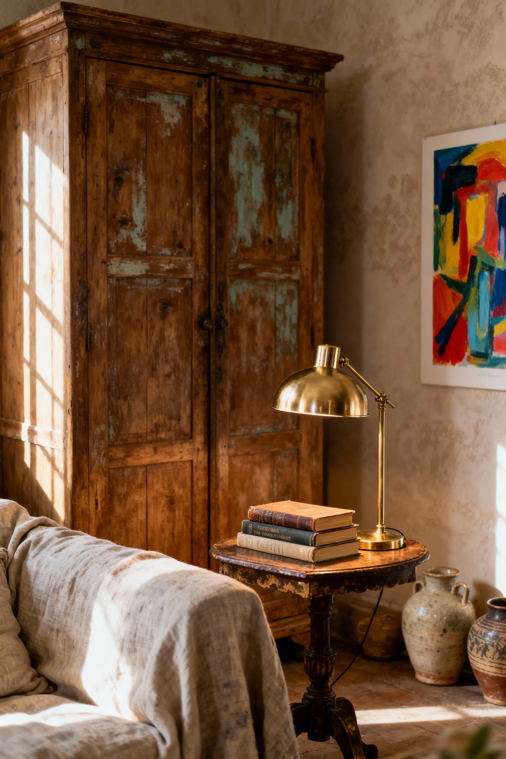 A country living room featuring a grand, weathered oak armoire, a polished brushed brass table lamp, a faded linen sofa, artisanal ceramics, and abstract art, showcasing a blend of patina, provenance, and polished elements.