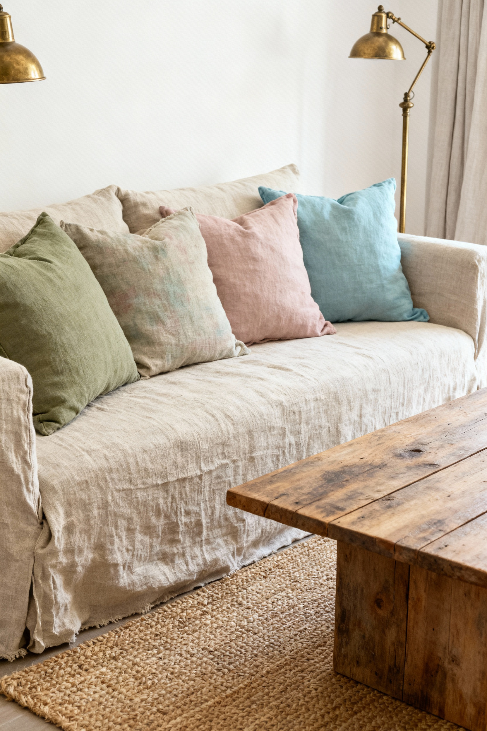Country living room with a calming palette of earthy neutrals, creamy linen walls, soft greige sofa, muted sage and faded blush pillows, unlacquered wood table, woven jute rug. Peaceful interior design.