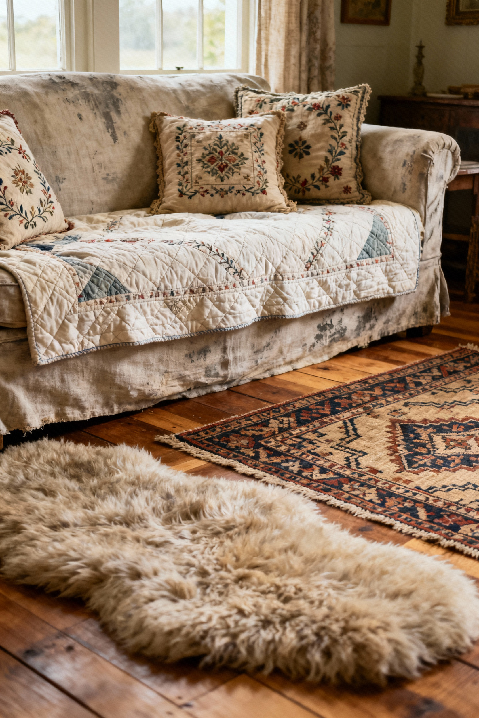 Cozy country living room with a cream linen sofa draped with an antique indigo quilt, layered with textured wool pillows, and grounded by a rich patterned wool rug, under soft natural light, showcasing heirloom textile layering.