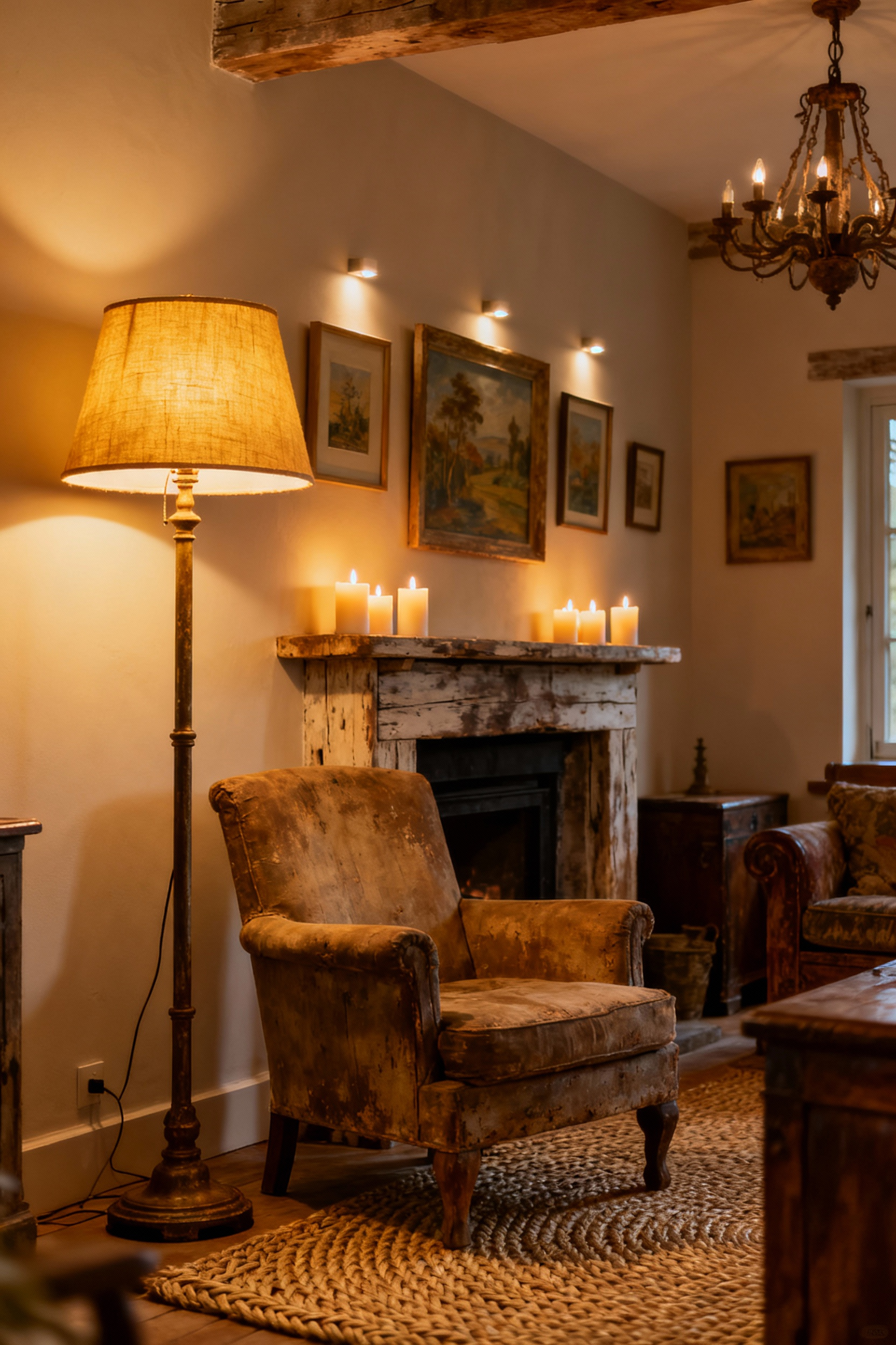 Portrait image of a country living room bathed in warm, layered ambient lighting. A vintage floor lamp, illuminated artwork, and flickering LED candles create a cozy, inviting atmosphere. Rustic textures and antique details are highlighted by soft light.