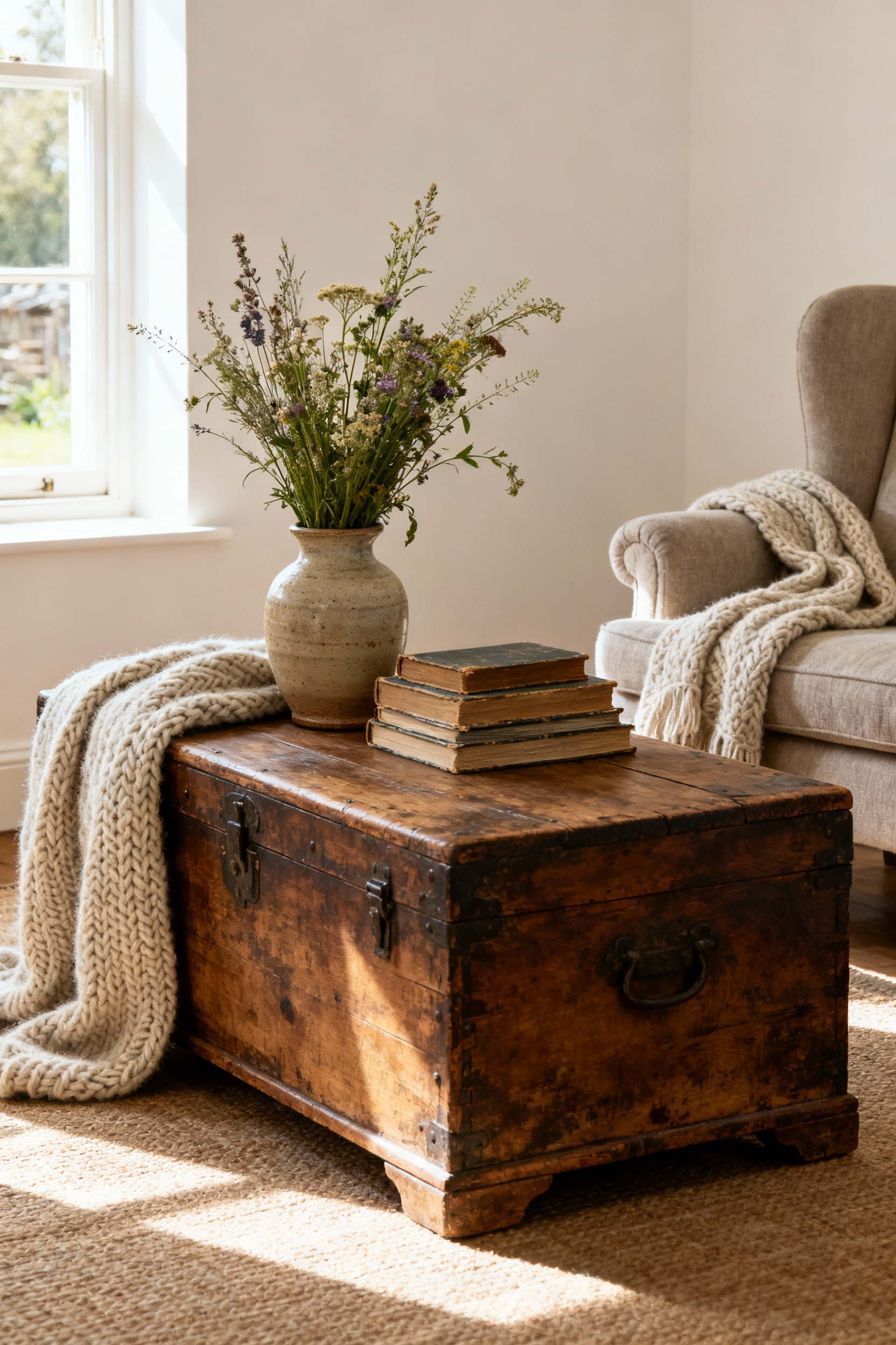 Country living room corner with an upcycled wooden chest coffee table, local artisan ceramic vase, and hand-knitted throw blanket on an armchair, showcasing sustainable decor choices.