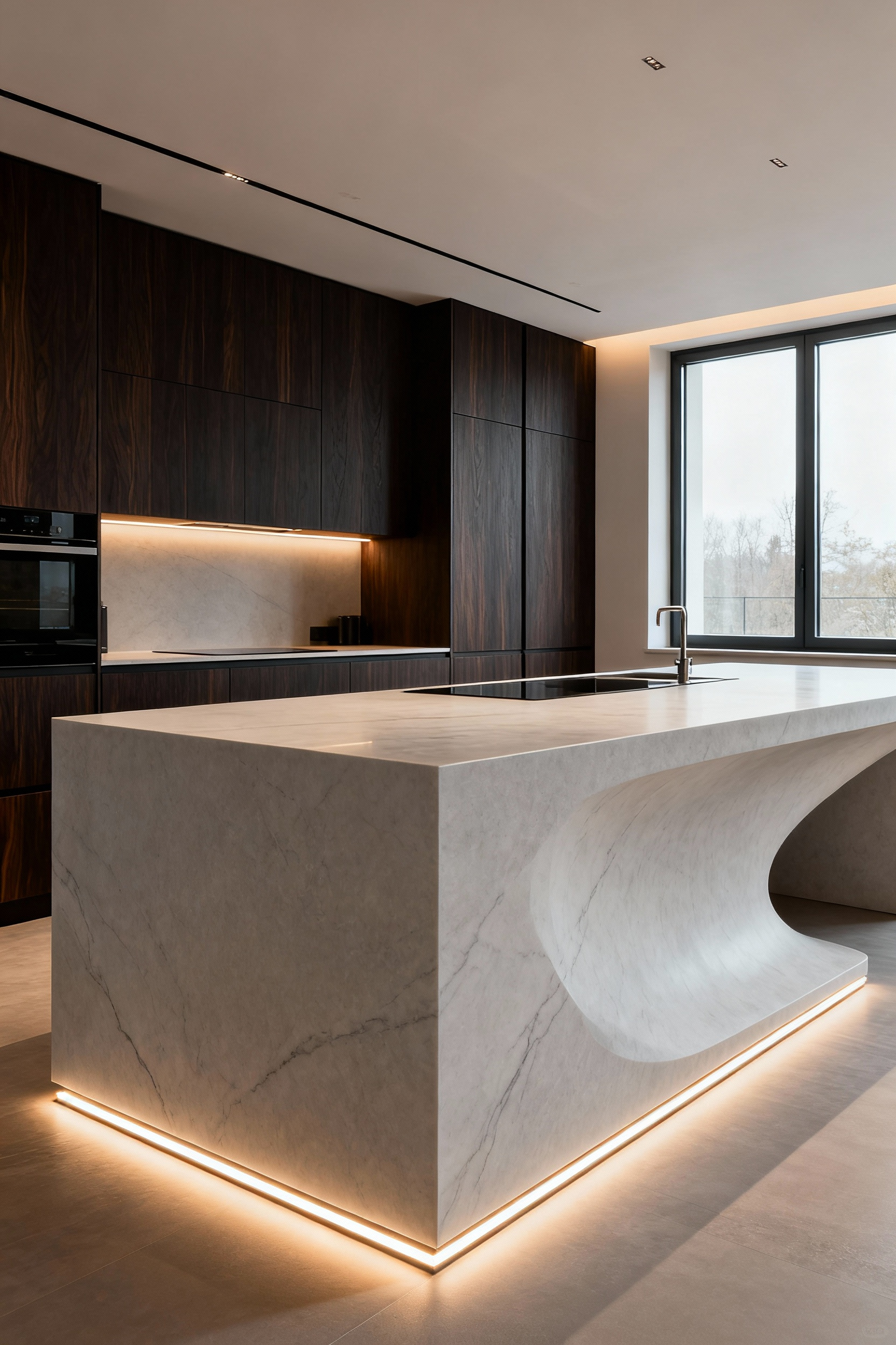 A sleek, contemporary kitchen island designed as an architectural focal point with monolithic stone, integrated linear LED lighting, and minimalist dark wood cabinetry, viewed in a wide shot.