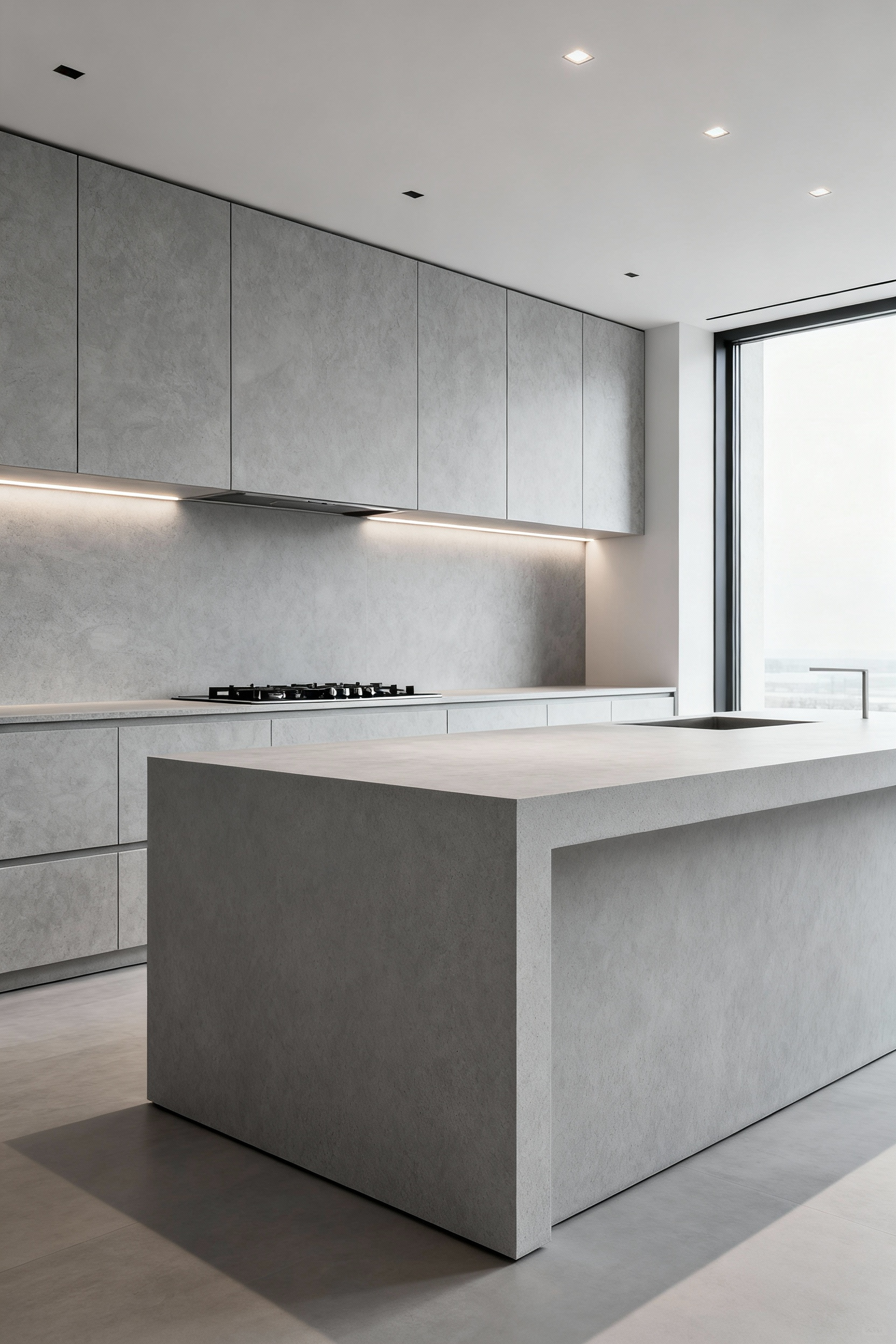 A minimalist contemporary kitchen with a large, light grey matte sintered stone island and matching full-height backsplash, showcasing integrated cabinetry for a seamless look.