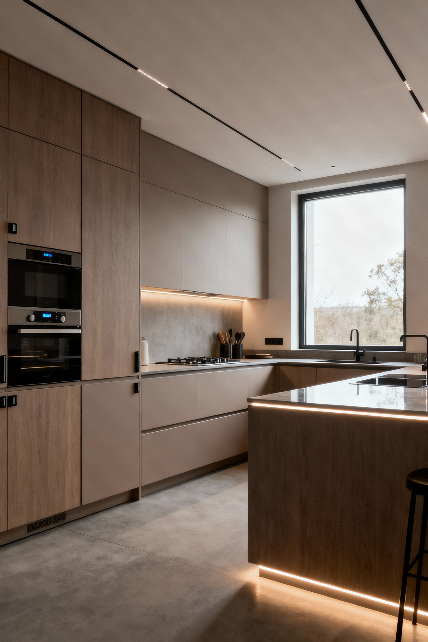 A sleek contemporary kitchen demonstrating advanced ergonomics and elegant design for seamless flow, featuring integrated appliances, minimalist cabinetry, and optimized functional zones under soft ambient lighting.
