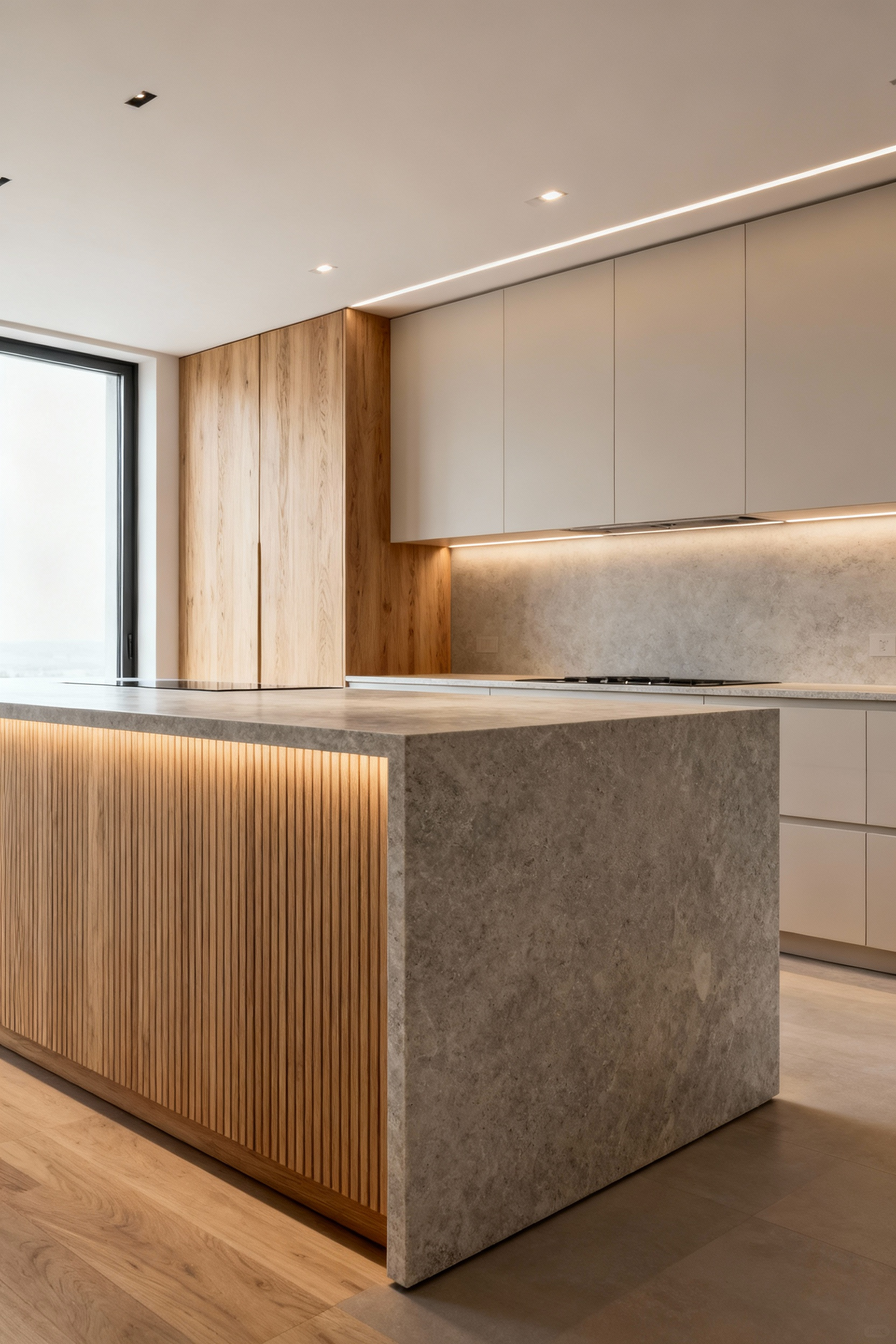 Modern kitchen featuring a sleek island with a rift-sawn white oak base and a honed stone countertop, surrounded by minimalist lacquered cabinetry, highlighting the linear wood grain.