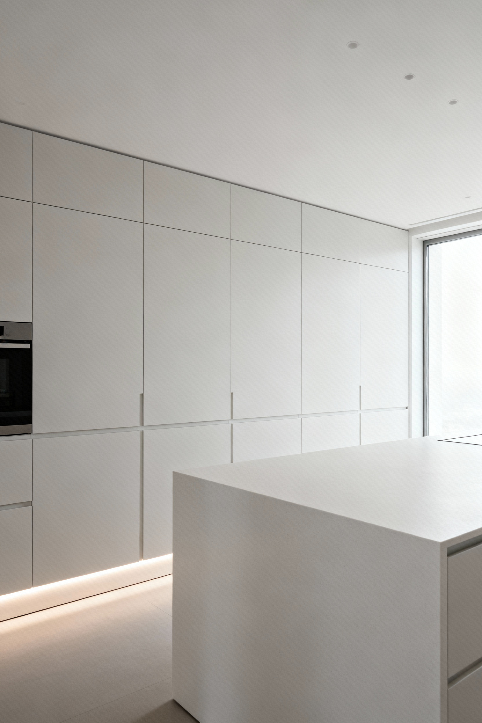 Contemporary kitchen with extensive negative space, featuring a large, uncluttered island, flush cabinetry, and integrated appliances. A serene and sophisticated design with architectural purity.