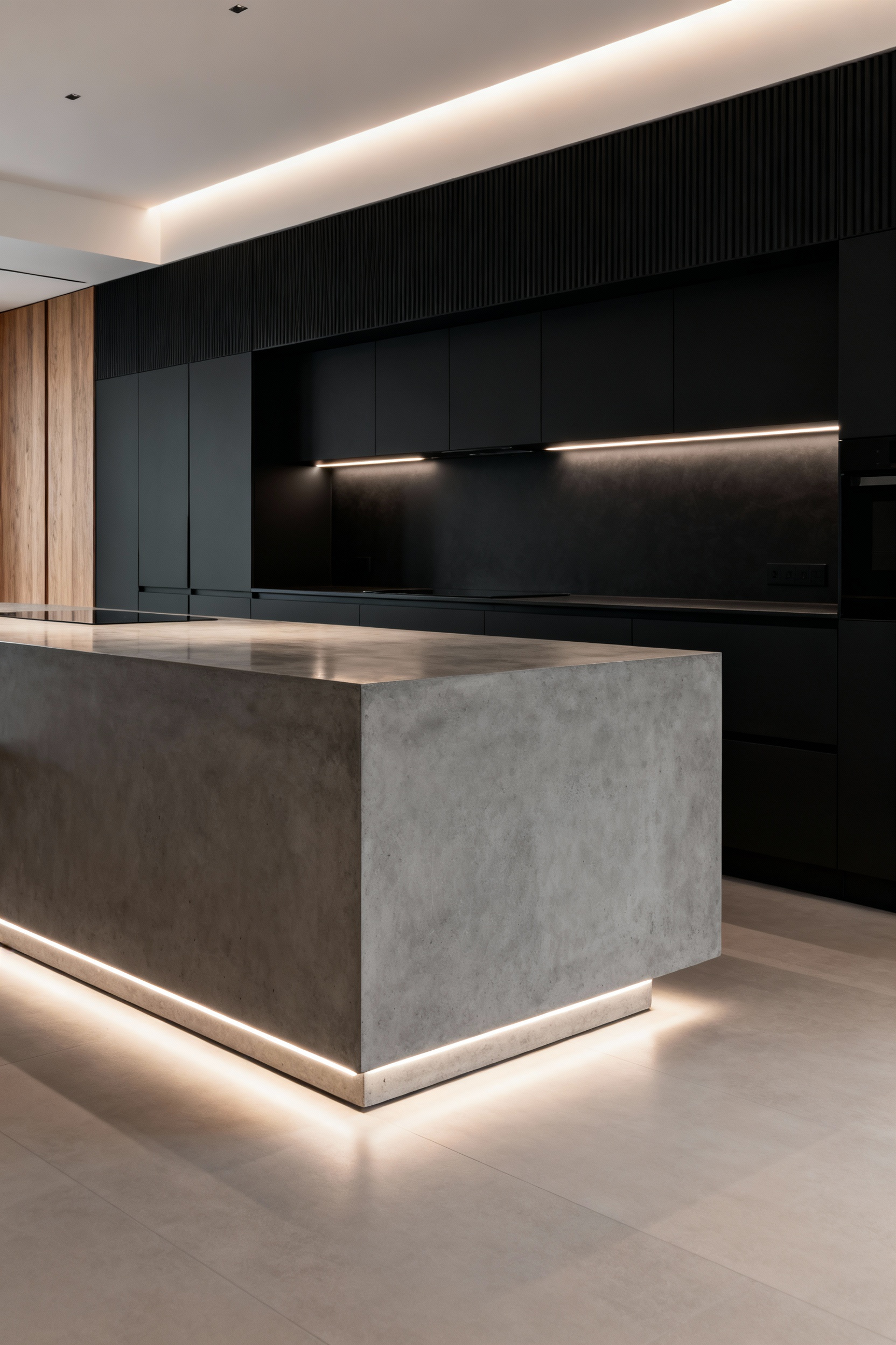 Contemporary kitchen with integrated LED lighting accentuating the textures of matte black cabinetry and a polished concrete island.