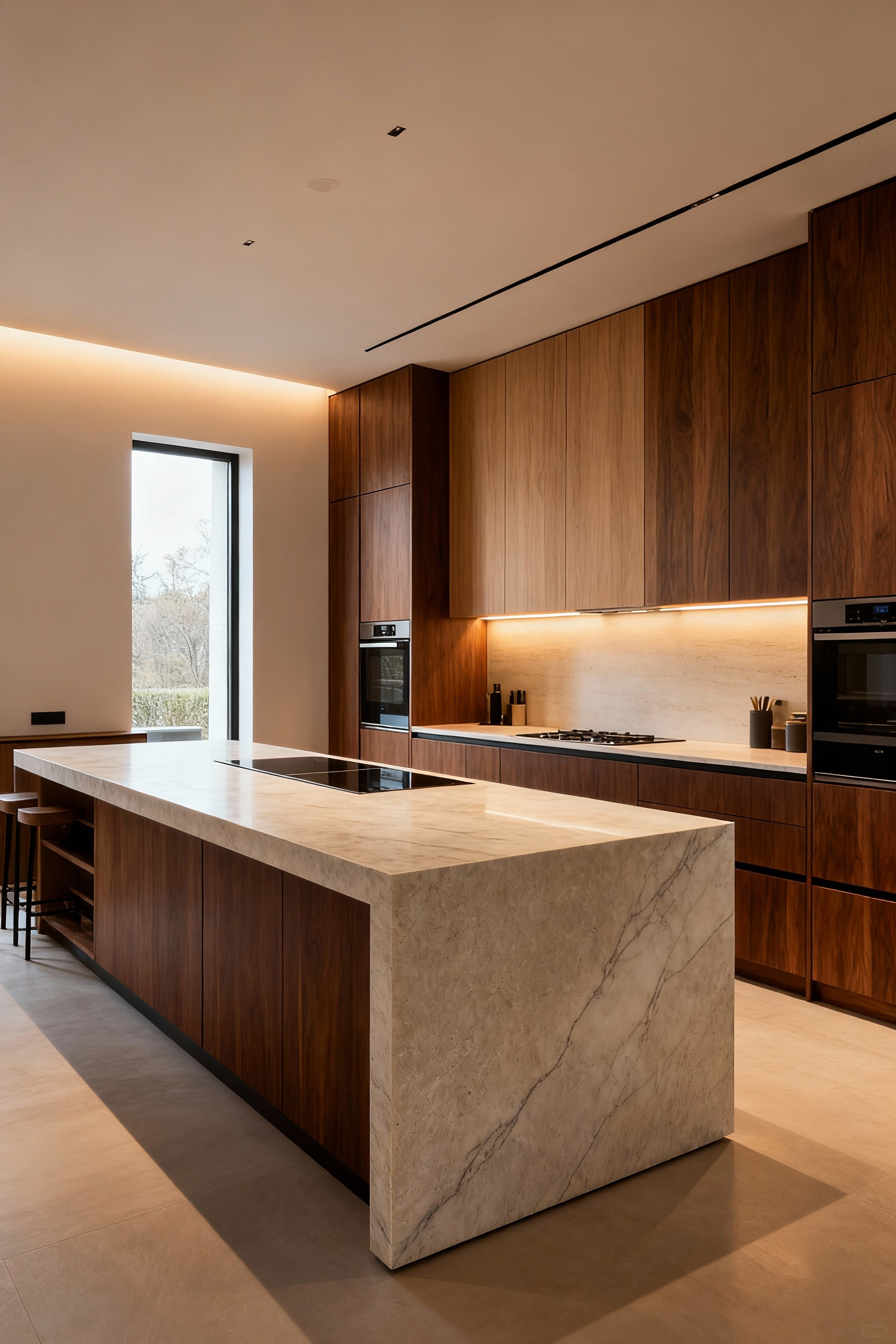 Contemporary quiet luxury kitchen interior with integrated appliances, honed stone island, rich wood cabinetry, and subtle metallic accents.