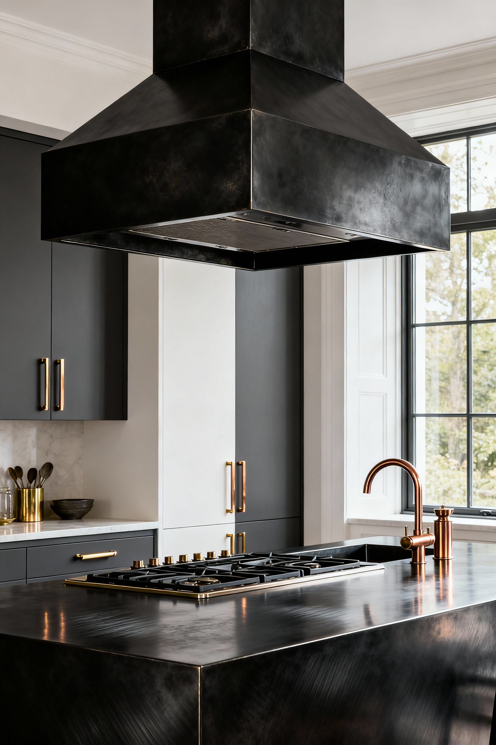 Contemporary kitchen with a prominent blackened steel island and range hood, featuring brushed bronze cabinet pulls and faucet, showcasing elegant metallic integration.