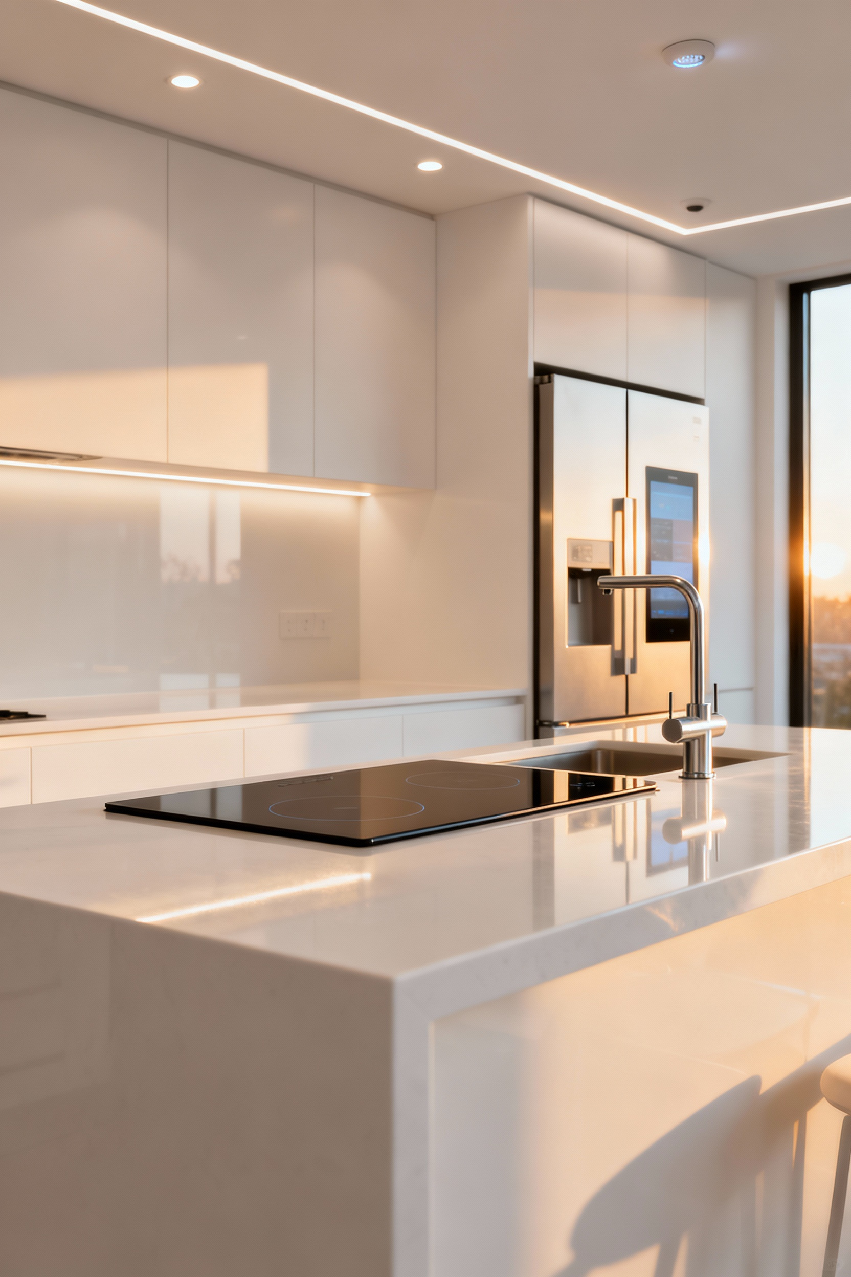 Minimalist white kitchen with subtly integrated smart home technology, including an induction cooktop, smart lighting, and concealed control panels, showcasing efficiency and modern design.
