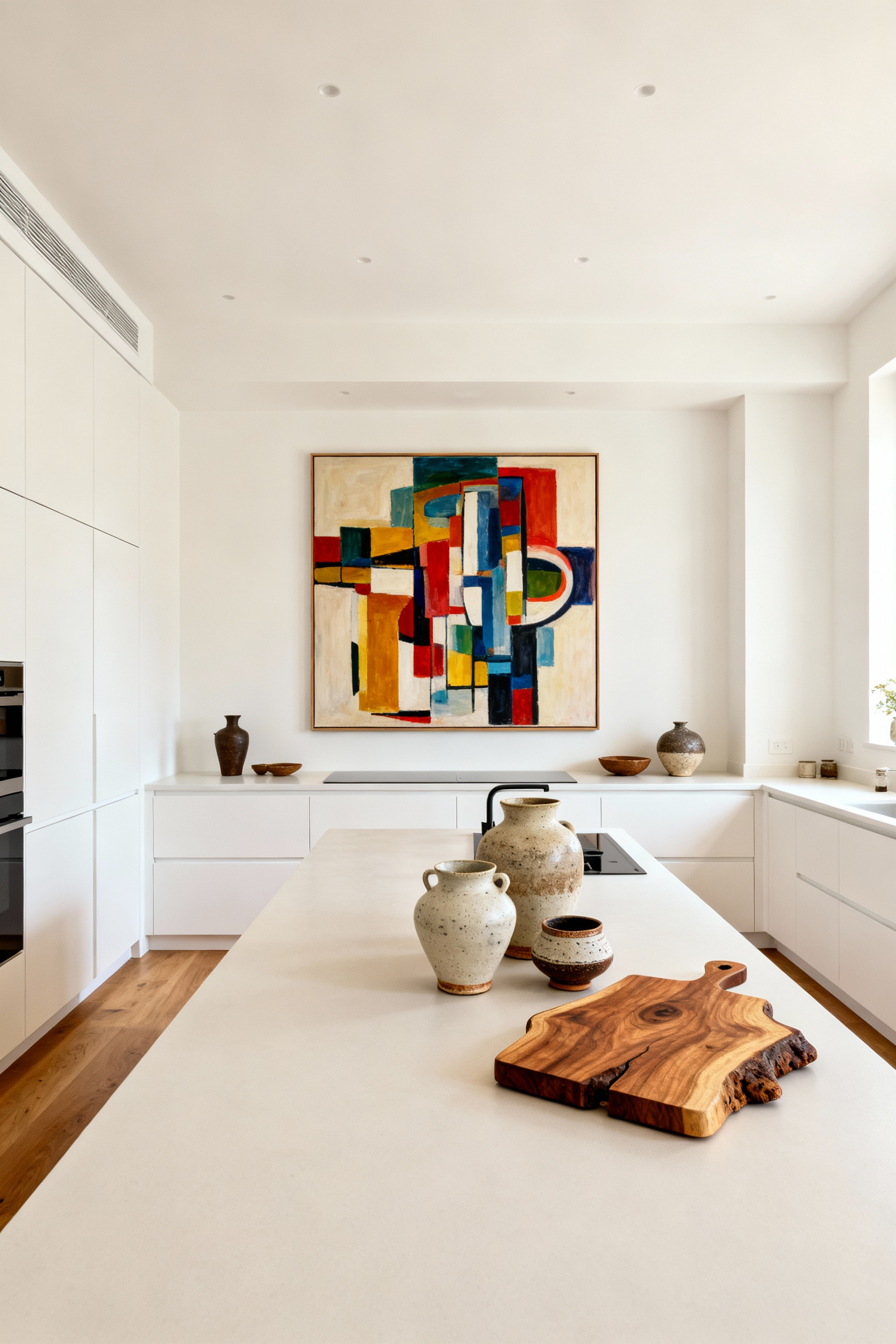Curated white kitchen with distinctive artwork and unique decorative pieces reflecting homeowner's identity.