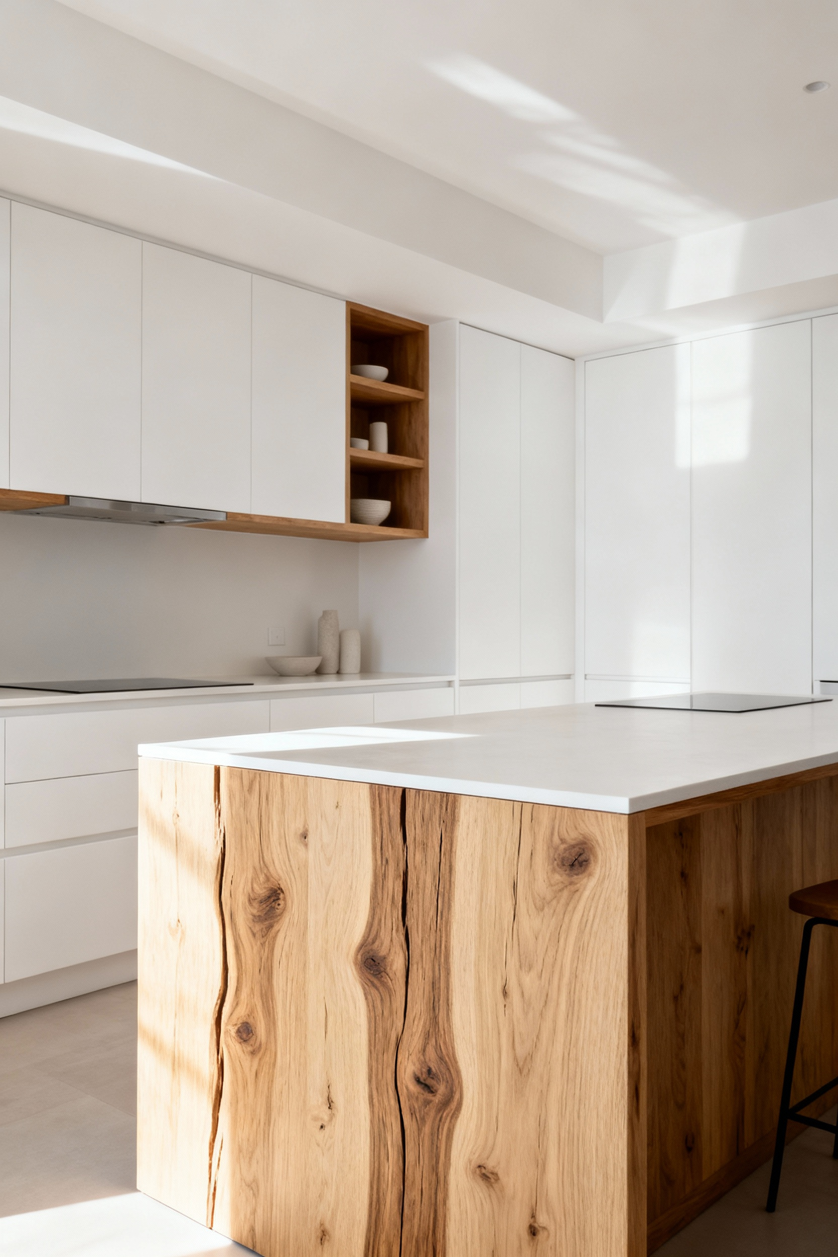 Modern white kitchen featuring an island with natural wood grain, white perimeter cabinets, and open shelving, conveying warmth.