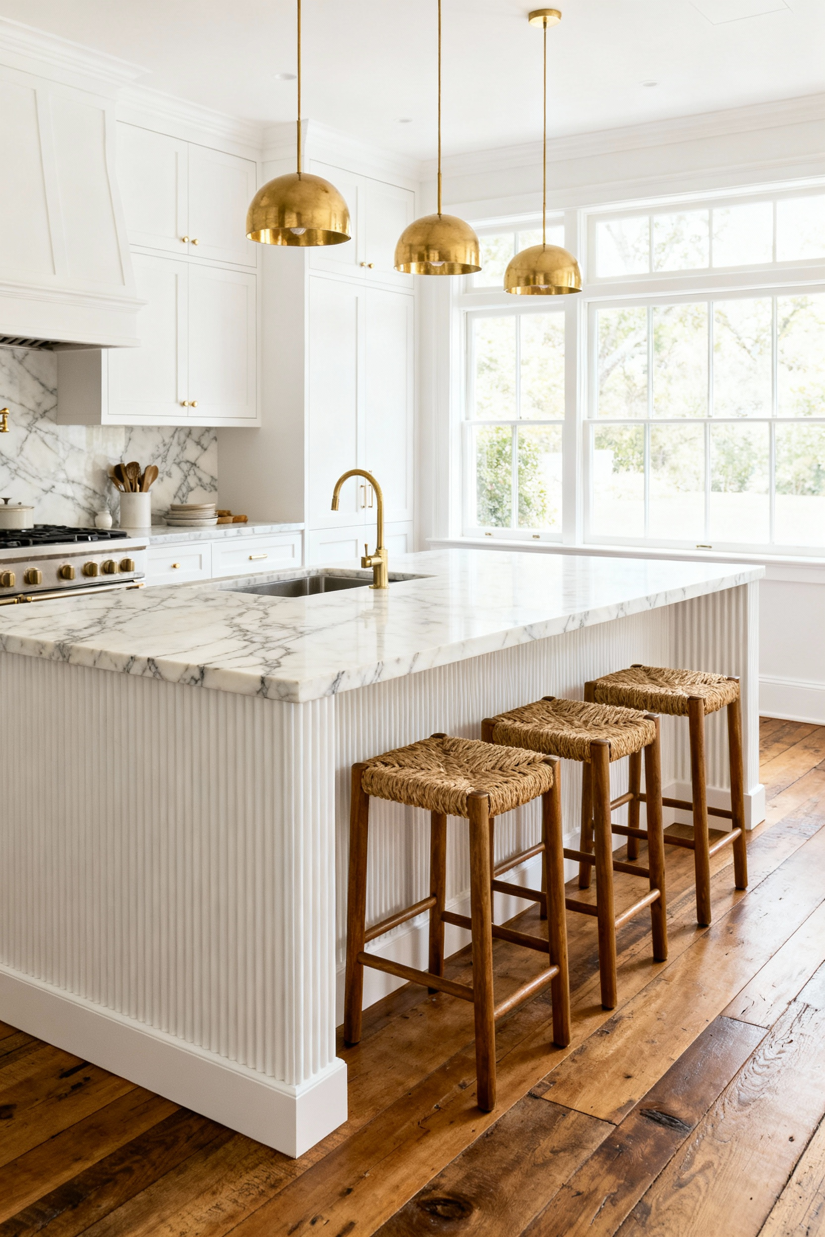 A sophisticated white kitchen featuring fluted matte lacquer cabinets, a honed Calacatta Viola marble island, and warm oak flooring, demonstrating layered finishes for depth.