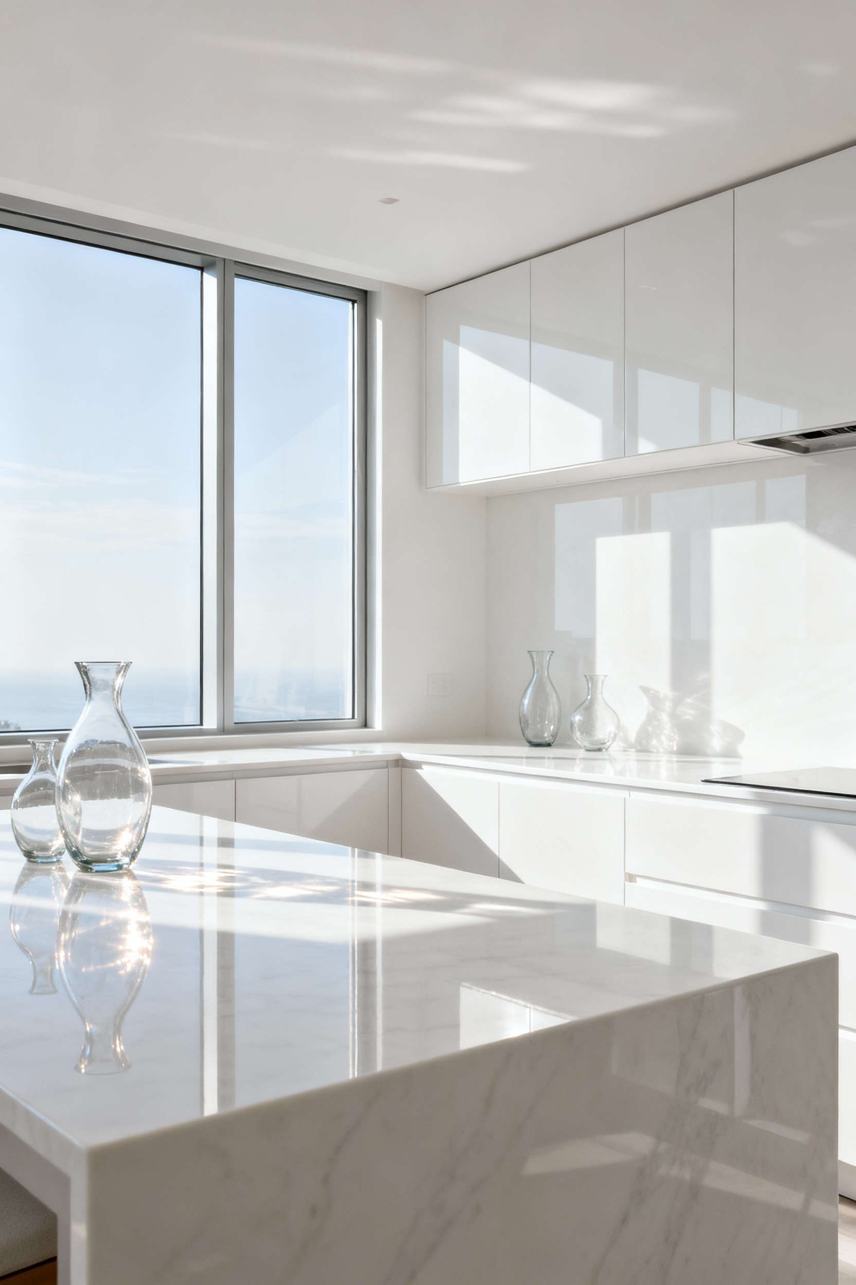 Bright white kitchen with abundant natural light reflecting off high-gloss cabinets and polished quartz counters, creating an airy and sophisticated feel.