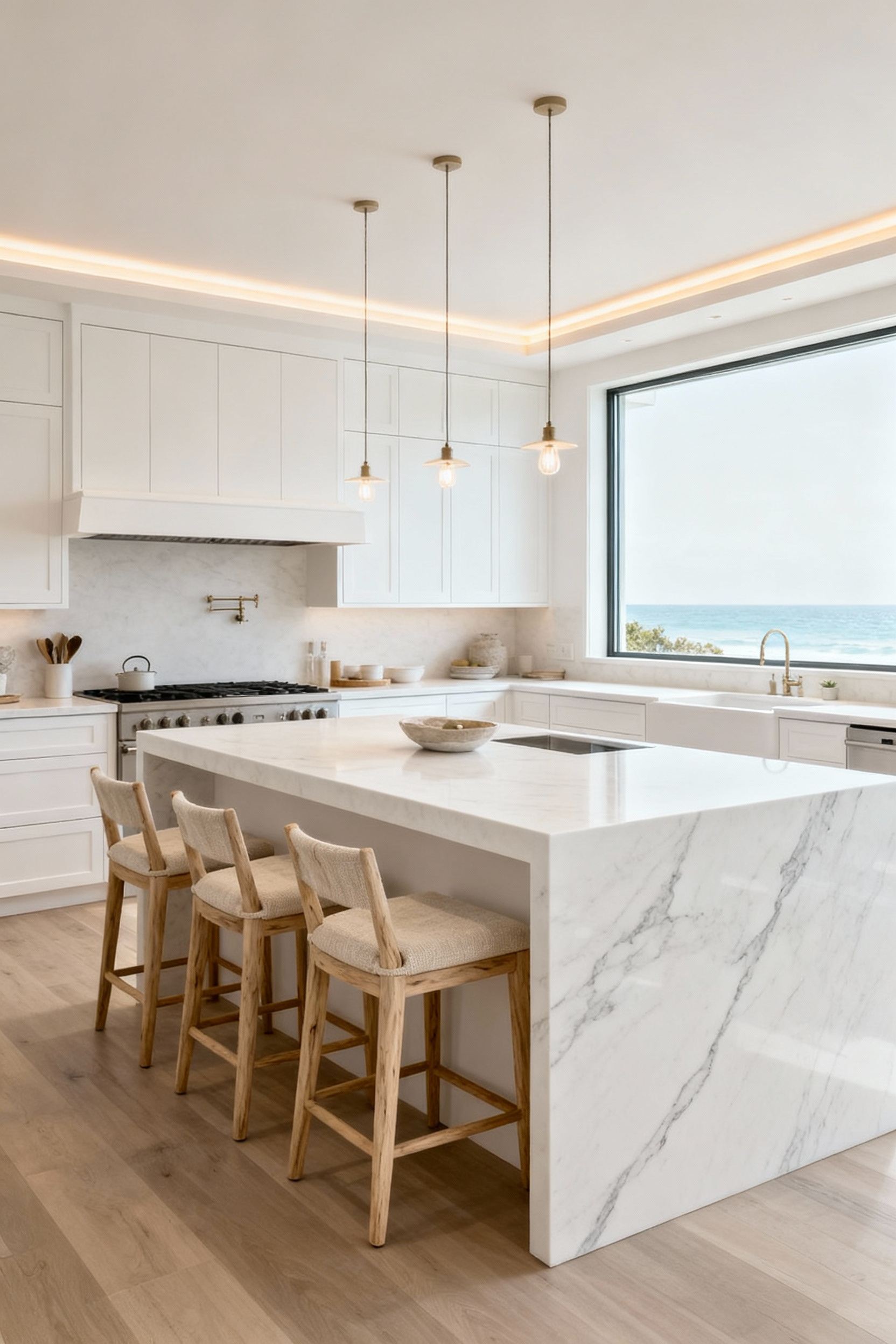 Modern white kitchen featuring a large, multifunctional white kitchen island with honed white quartz countertop, integrated white cabinetry, and elegant bar stools tucked beneath. The space is filled with natural light and subtle accent lighting.