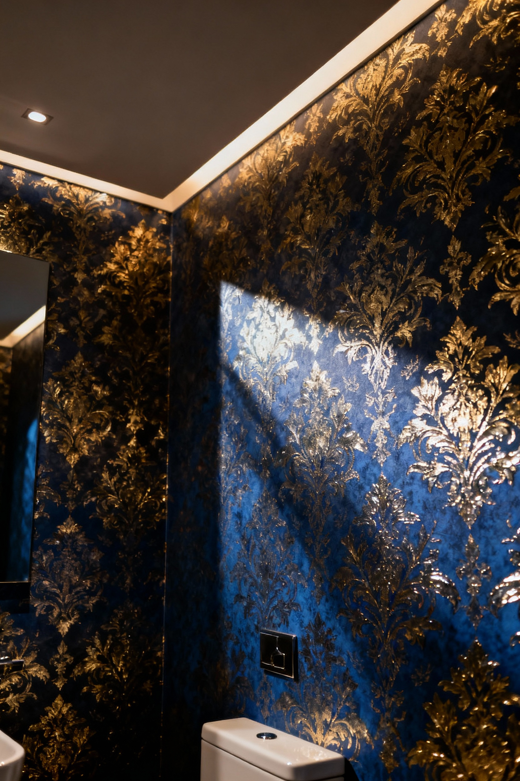 Luxurious maximalist bathroom wall covered in dark blue and gold metallic wallpaper, dramatically lit by architectural grazing lights and cove lighting that accentuate its intricate patterns and texture.