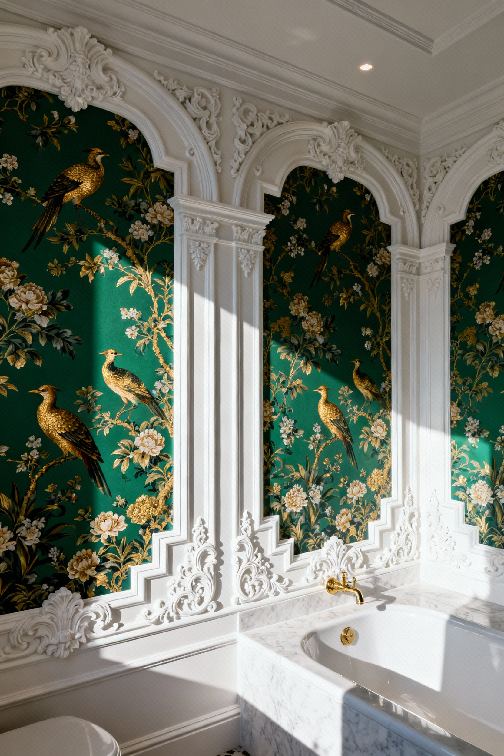 Luxurious maximalist bathroom with opulent Chinoiserie wallpaper framed by intricate white architectural boiserie moldings, creating dramatic pattern intensity and visual depth.