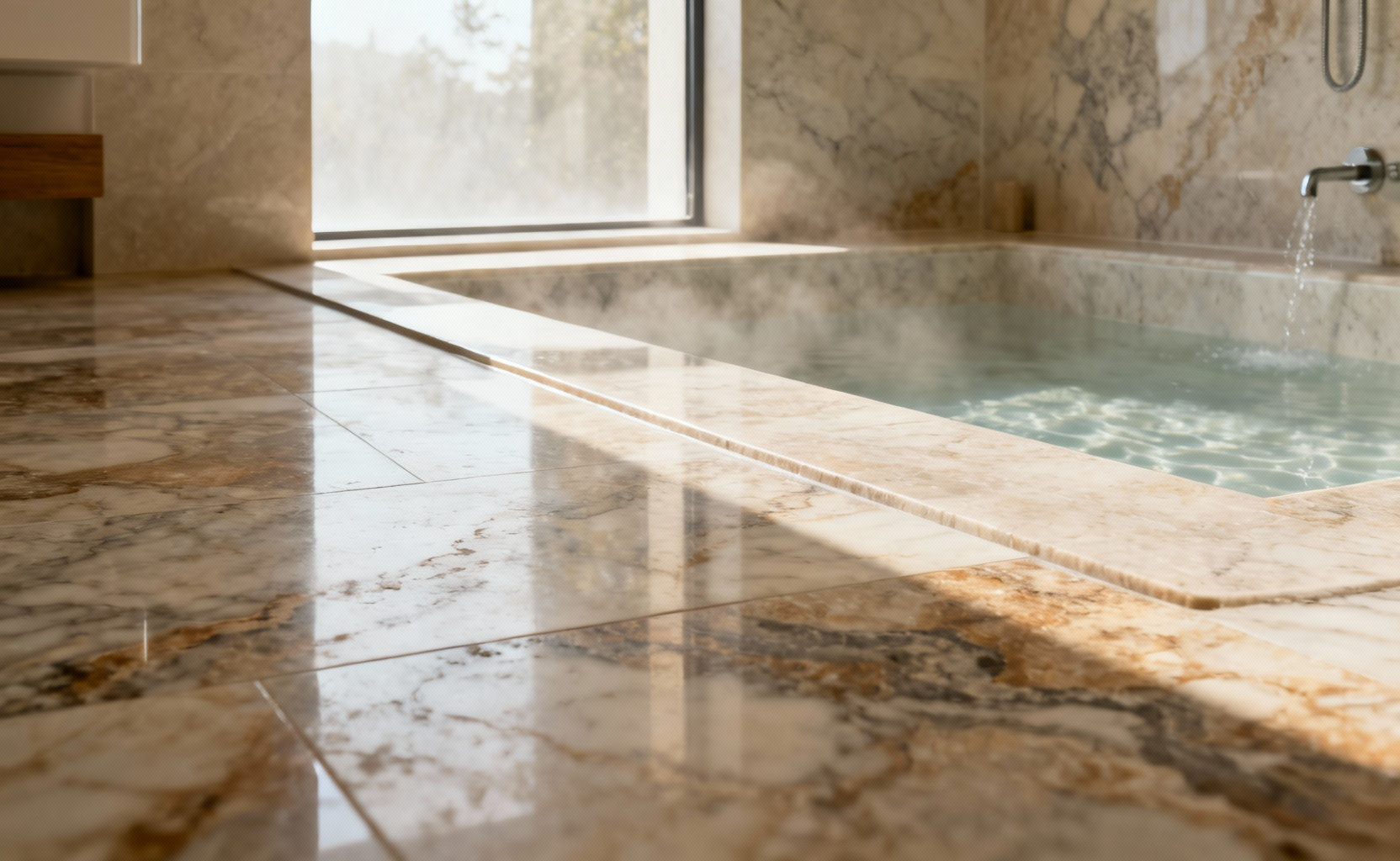 Close-up of naturally textured stone flooring in a minimalist bathroom, illuminated by soft natural light, highlighting thermal comfort.