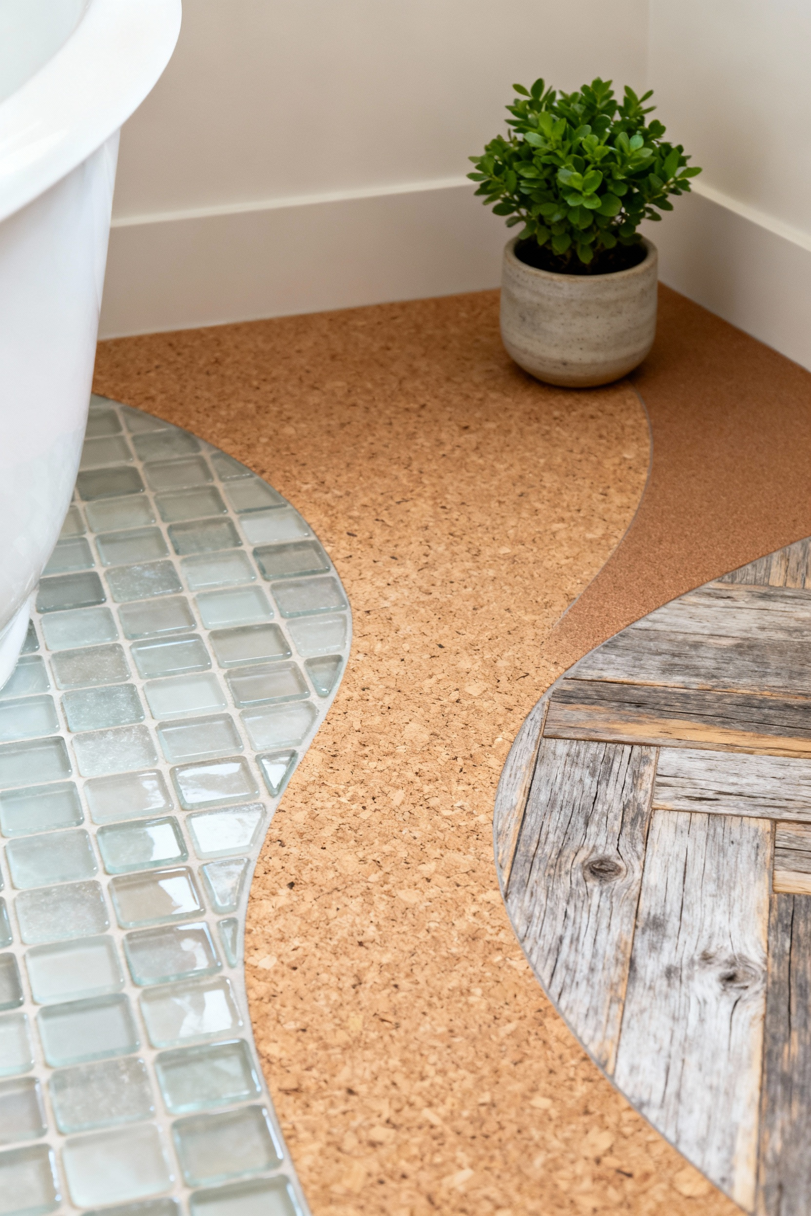 Bathroom floor featuring a circular design with recycled glass, cork, and reclaimed wood, symbolizing environmental synchronicity and regenerative material use in a sustainable bathroom.