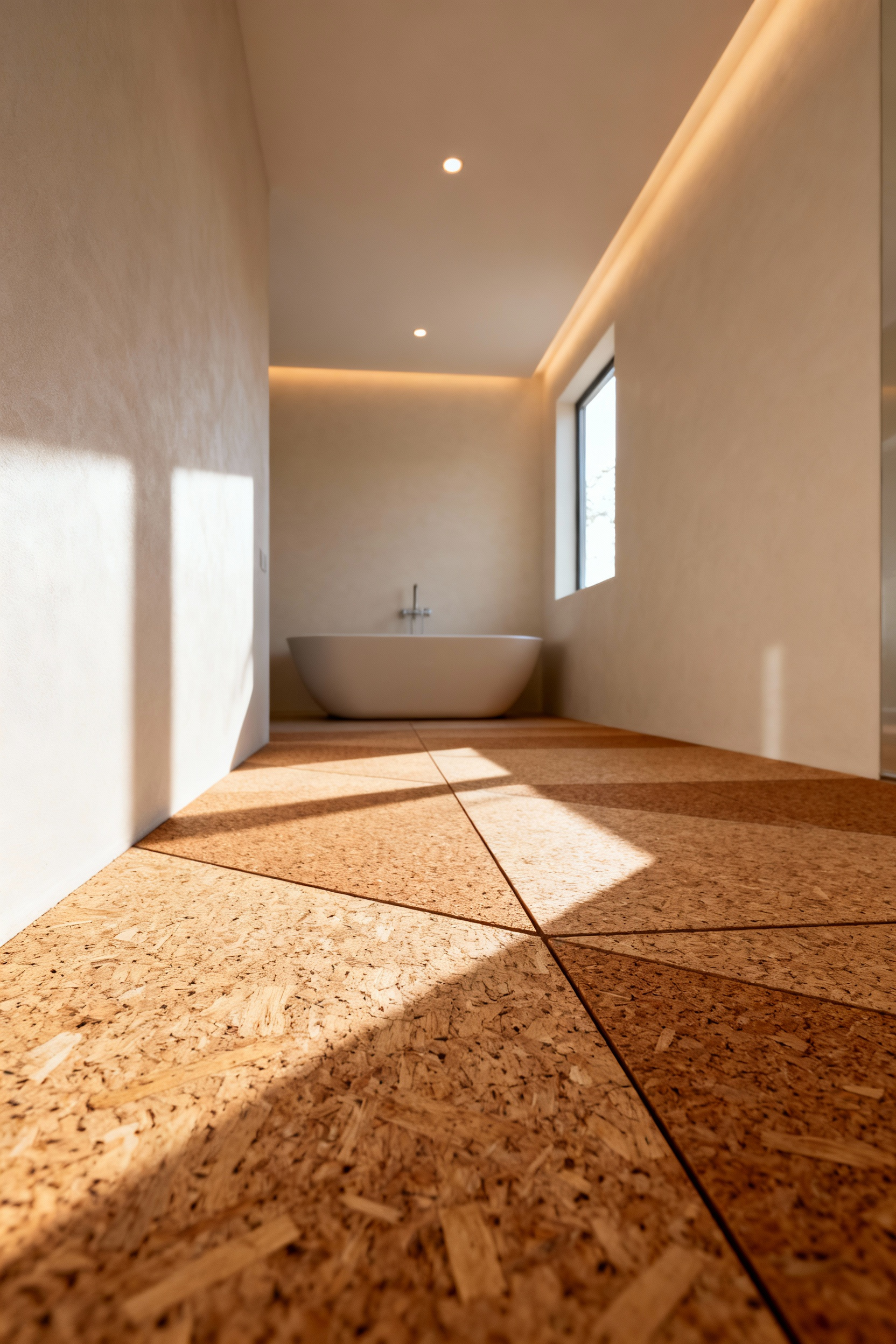 A tranquil modern bathroom featuring warm cork sound dampening flooring, a minimalist freestanding tub, and soft, diffused natural lighting.