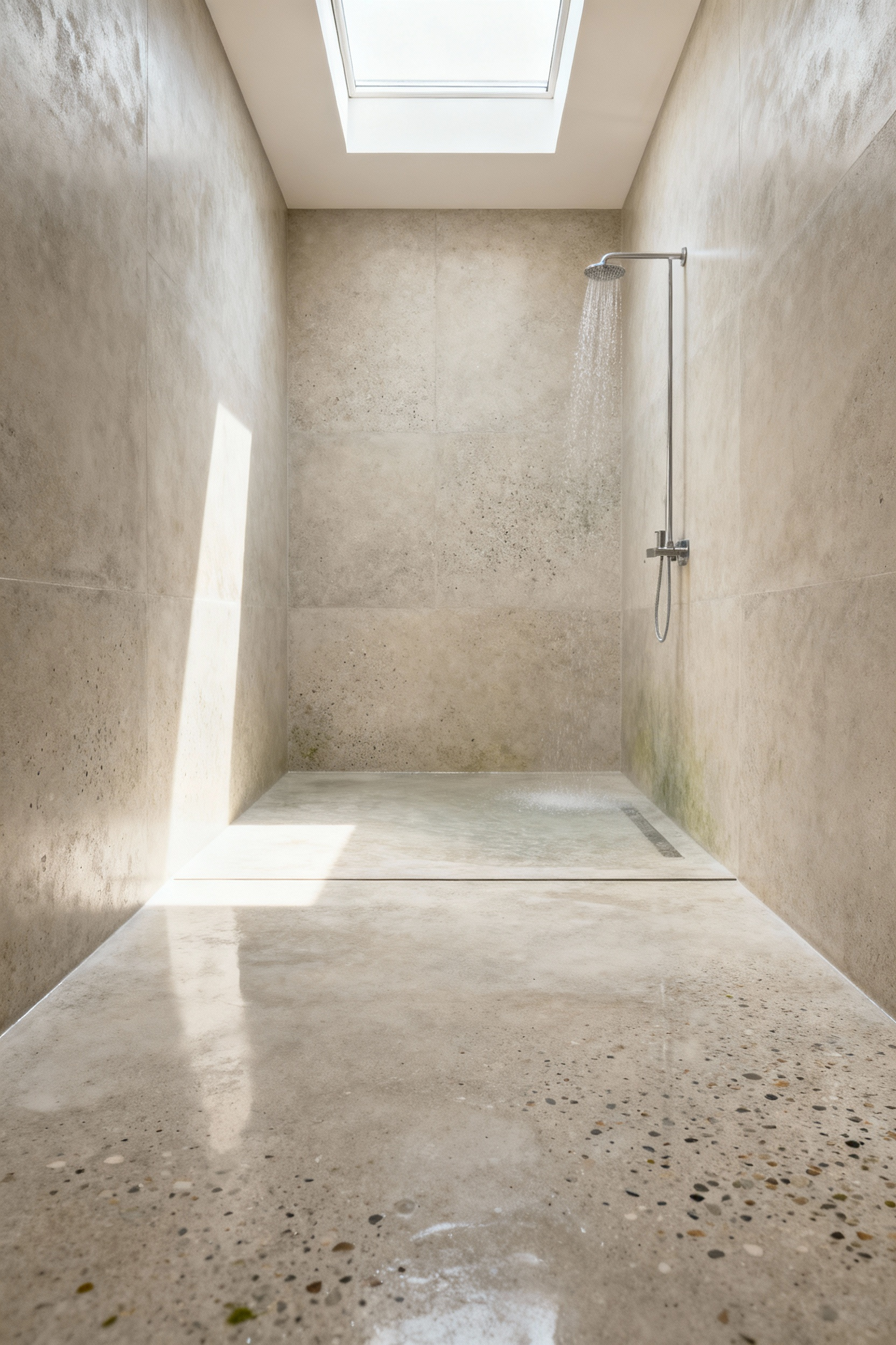 Modern bathroom with light-colored, large-format polished concrete extending seamlessly from the floor up onto the shower wet walls, showcasing biophilic design and spatial continuity, illuminated by natural light.
