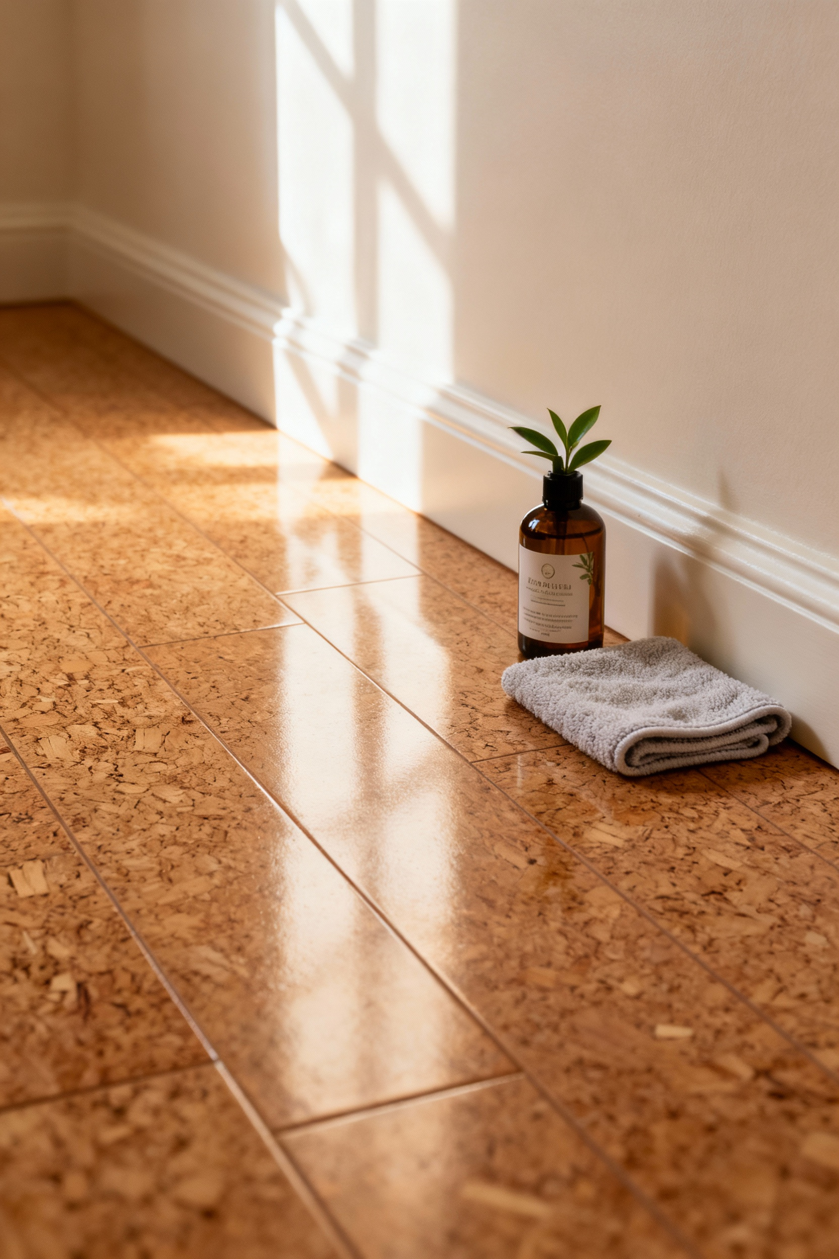 A serene bathroom scene with natural biophilic cork flooring, bathed in soft daylight. A clean white microfiber cloth is gently placed on a corner, symbolizing a mindful maintenance ritual. The floor is pristine and warm-toned, reflecting a deep sense of cleanliness and care for material integrity in a restorative sanctuary.