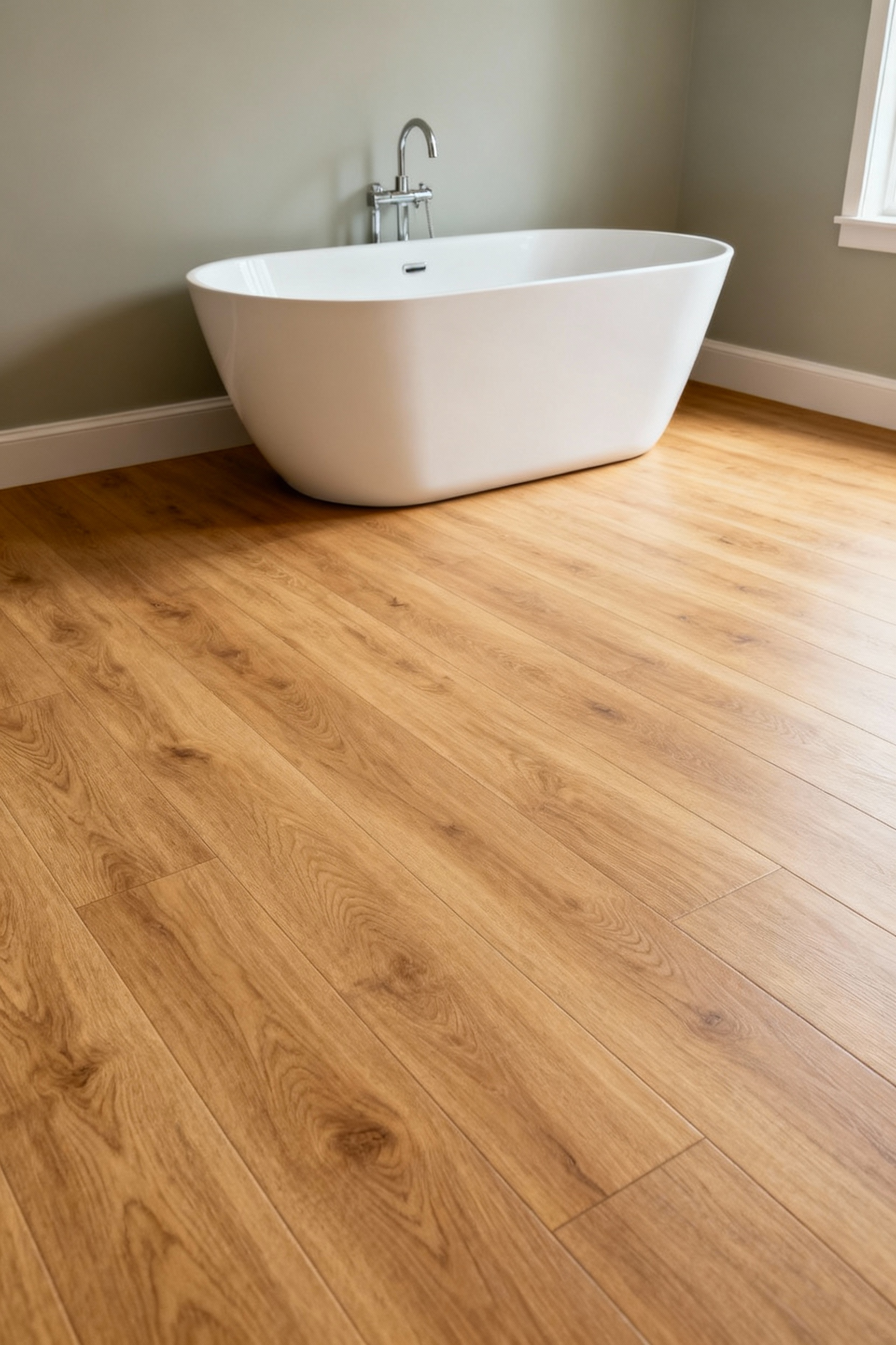 Luxury Vinyl Plank (LVP) flooring in a modern, serene bathroom, showcasing realistic wood-look texture and comfortable underfoot feel leading to a freestanding tub. Ideal for a restorative sanctuary.