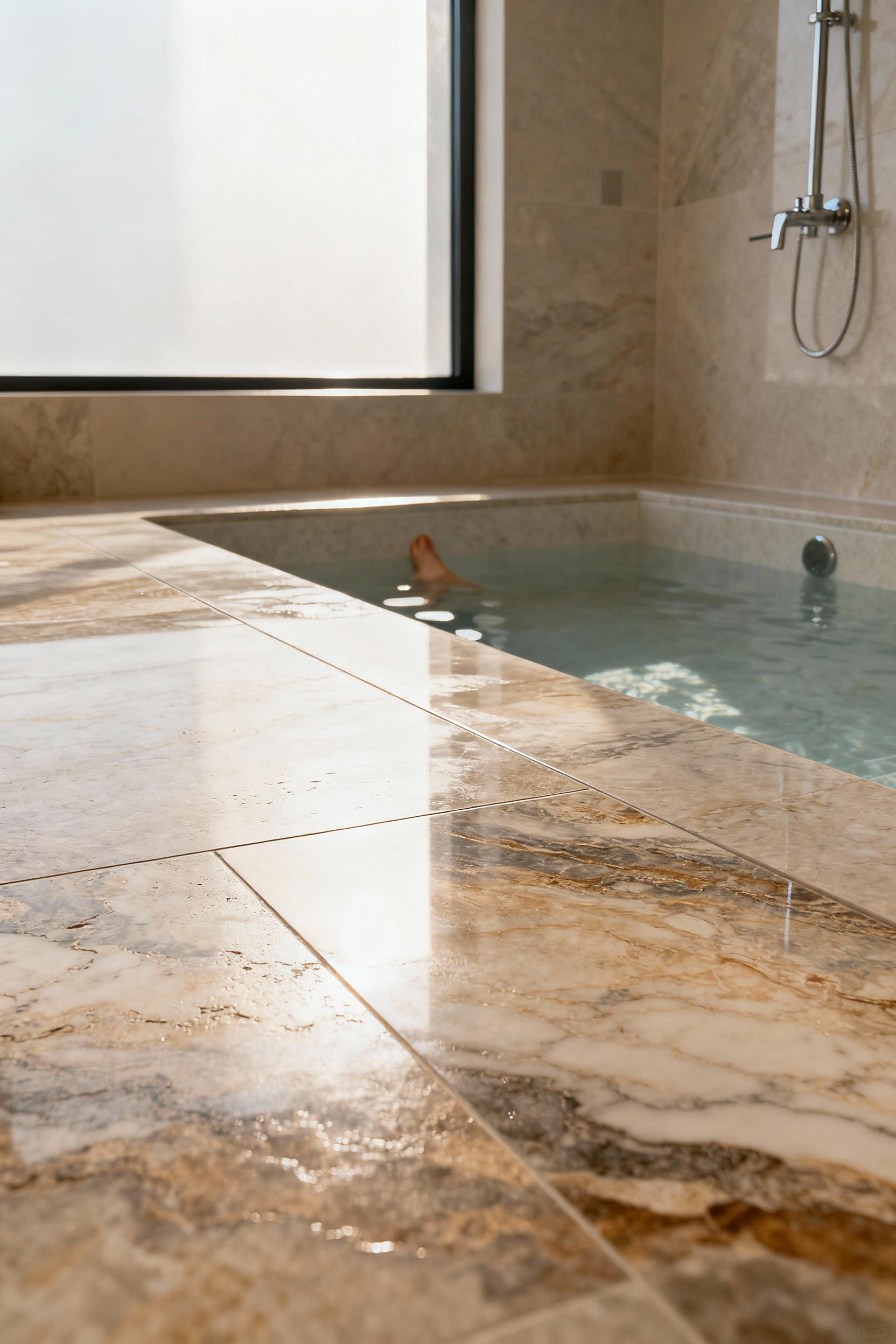 Close-up of naturally textured stone flooring in a minimalist bathroom, illuminated by soft natural light, highlighting thermal comfort.