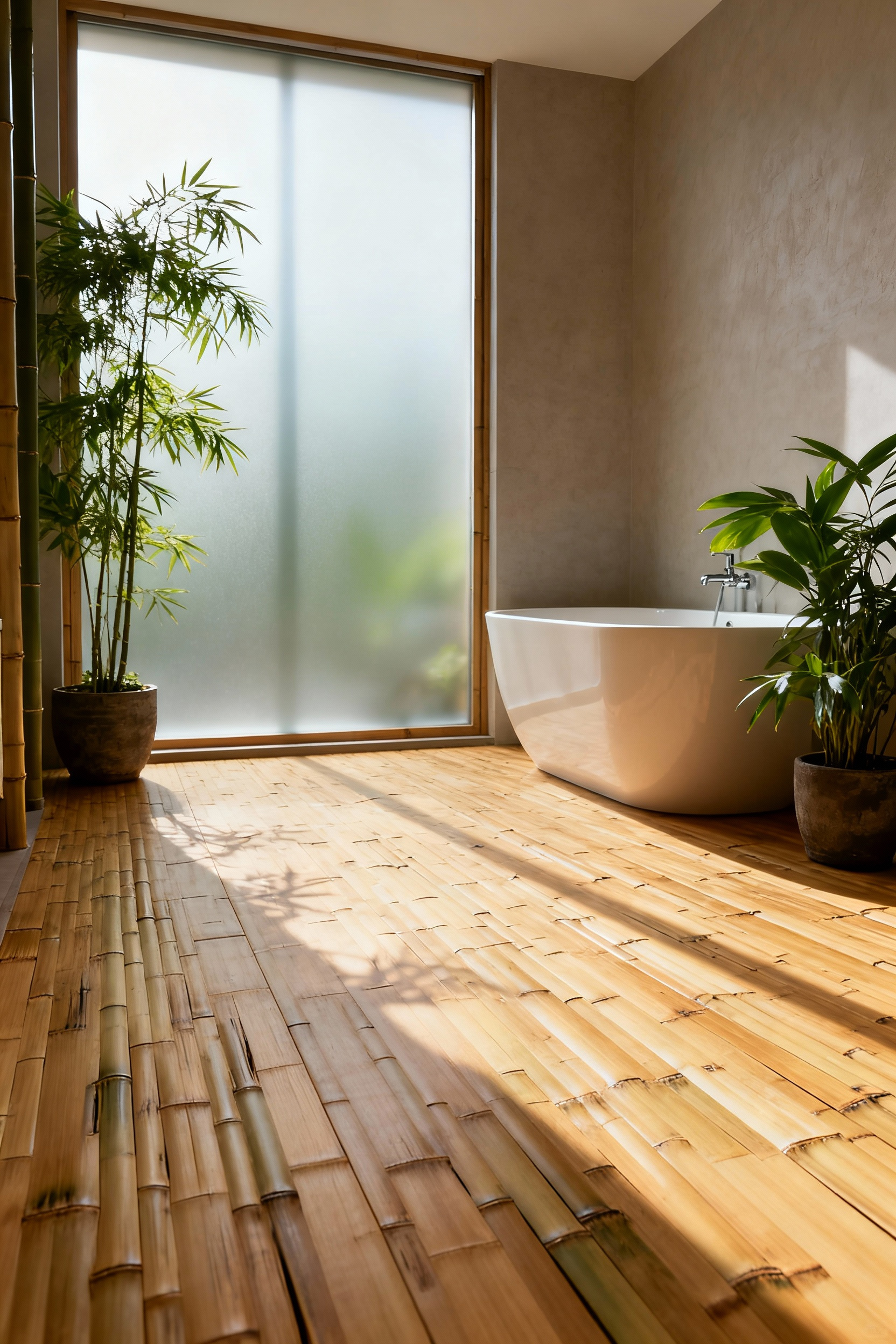 Elegant bathroom with natural, non-toxic flooring, conveying a sense of enduring health and long-term value from smart design choices.