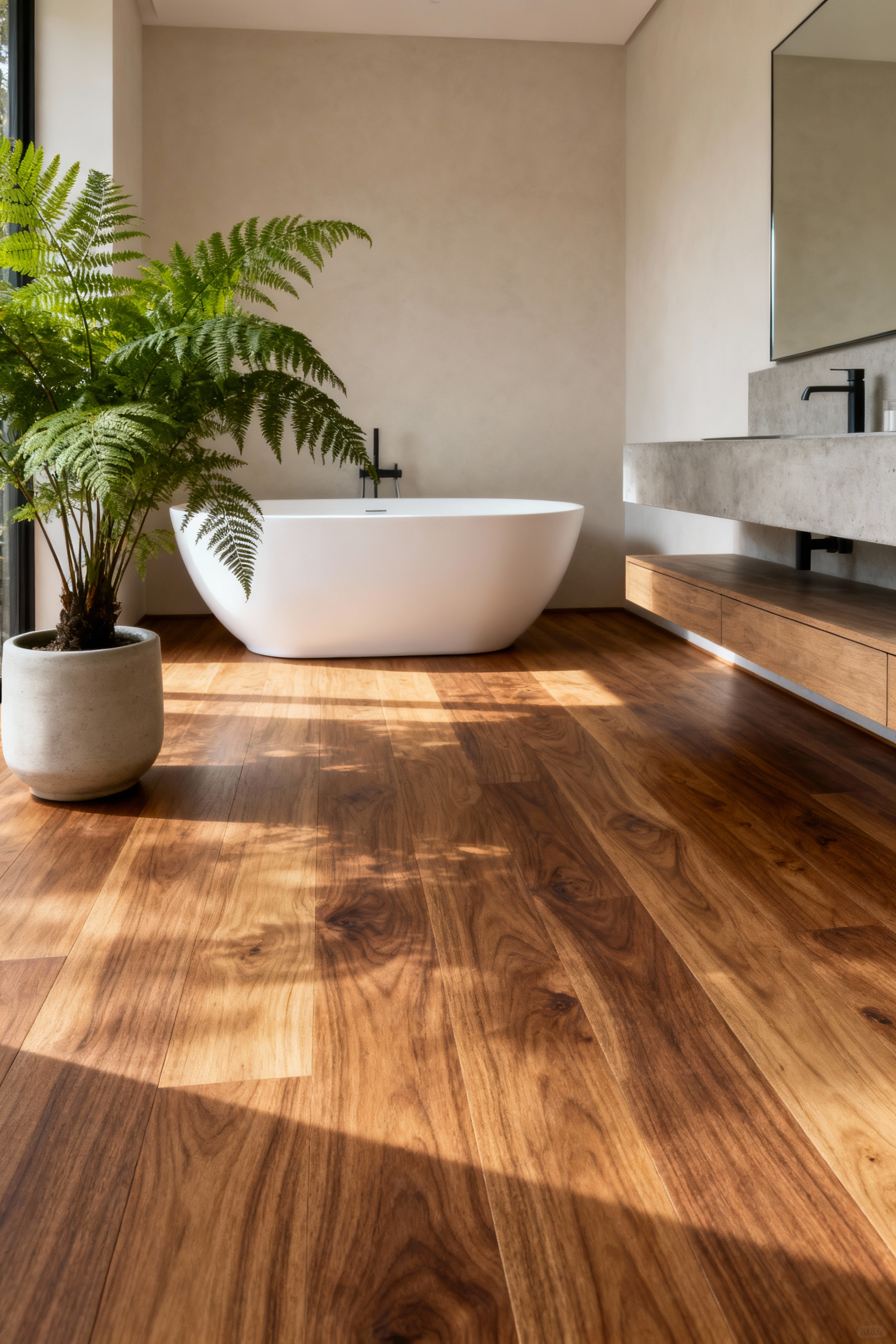 A tranquil bathroom showcasing wide engineered timber planks on the floor, featuring rich natural wood grain, a matte finish, and a freestanding white bathtub. The scene is bright and highlights the warm, biophilic aesthetic.