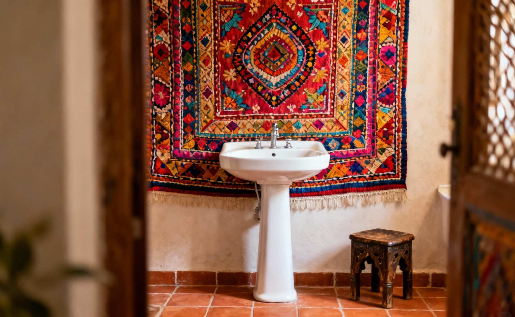 Vibrant Banjara vintage textile wall hanging behind a pedestal sink in a bohemian bathroom, showcasing global decor.