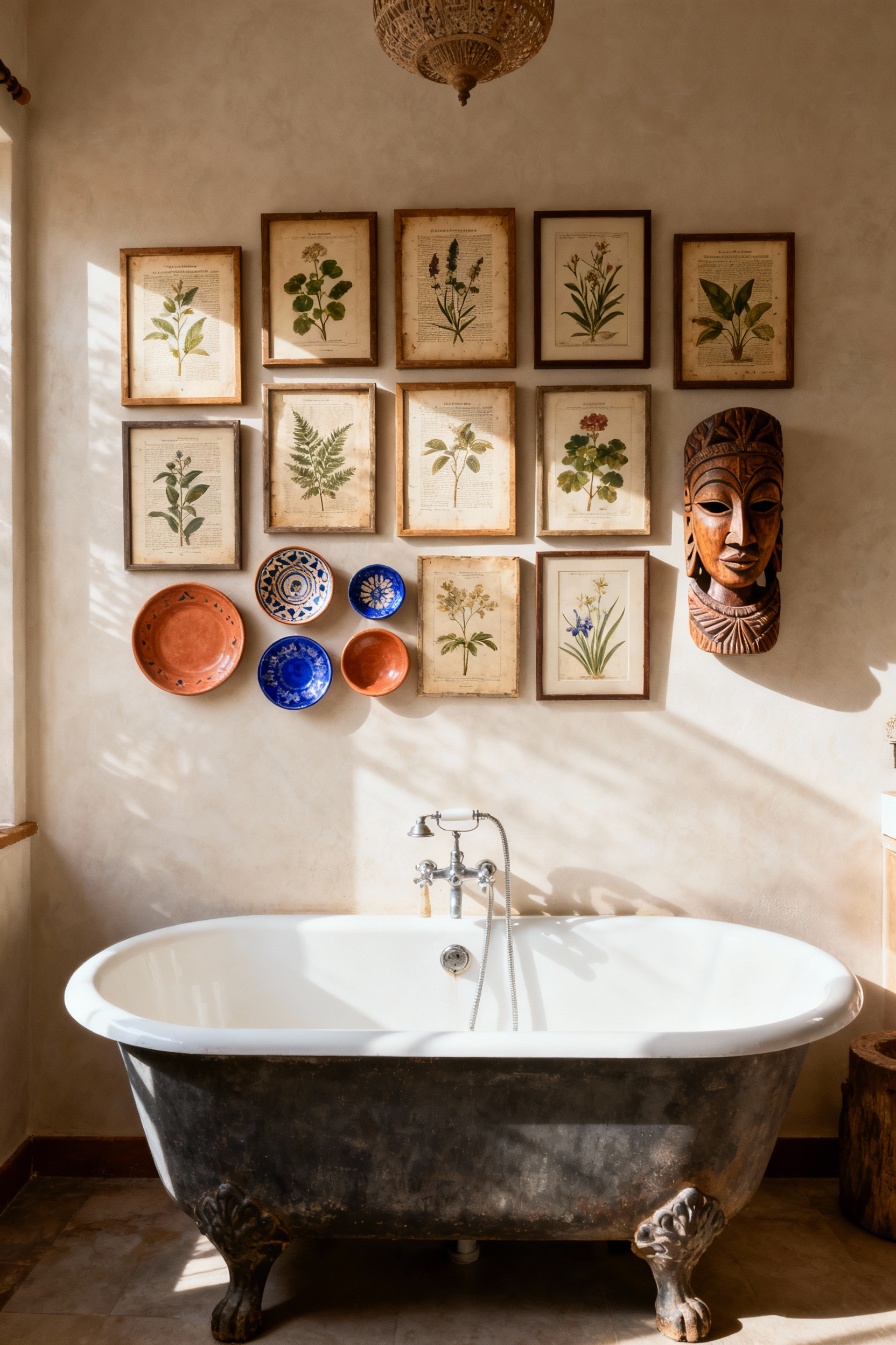 A bohemian bathroom featuring a gallery wall above a clawfoot tub with framed botanical prints, Moroccan plates, and a carved wooden mask, showcasing collected curiosities.