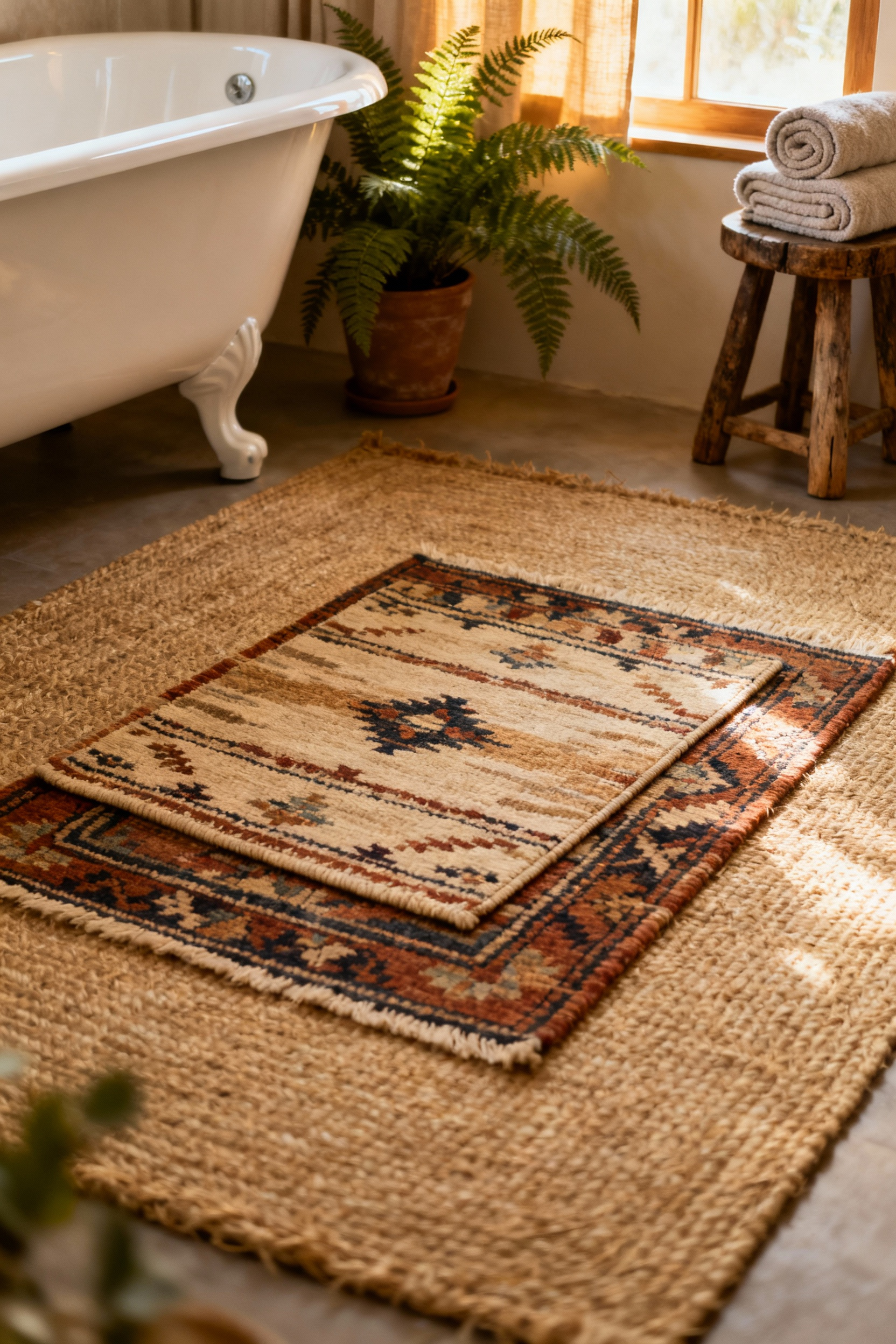 Bohemian bathroom with layered natural fiber rug and a smaller, colorful flatweave accent rug, showcasing textural depth and eclectic style underfoot near a freestanding tub.