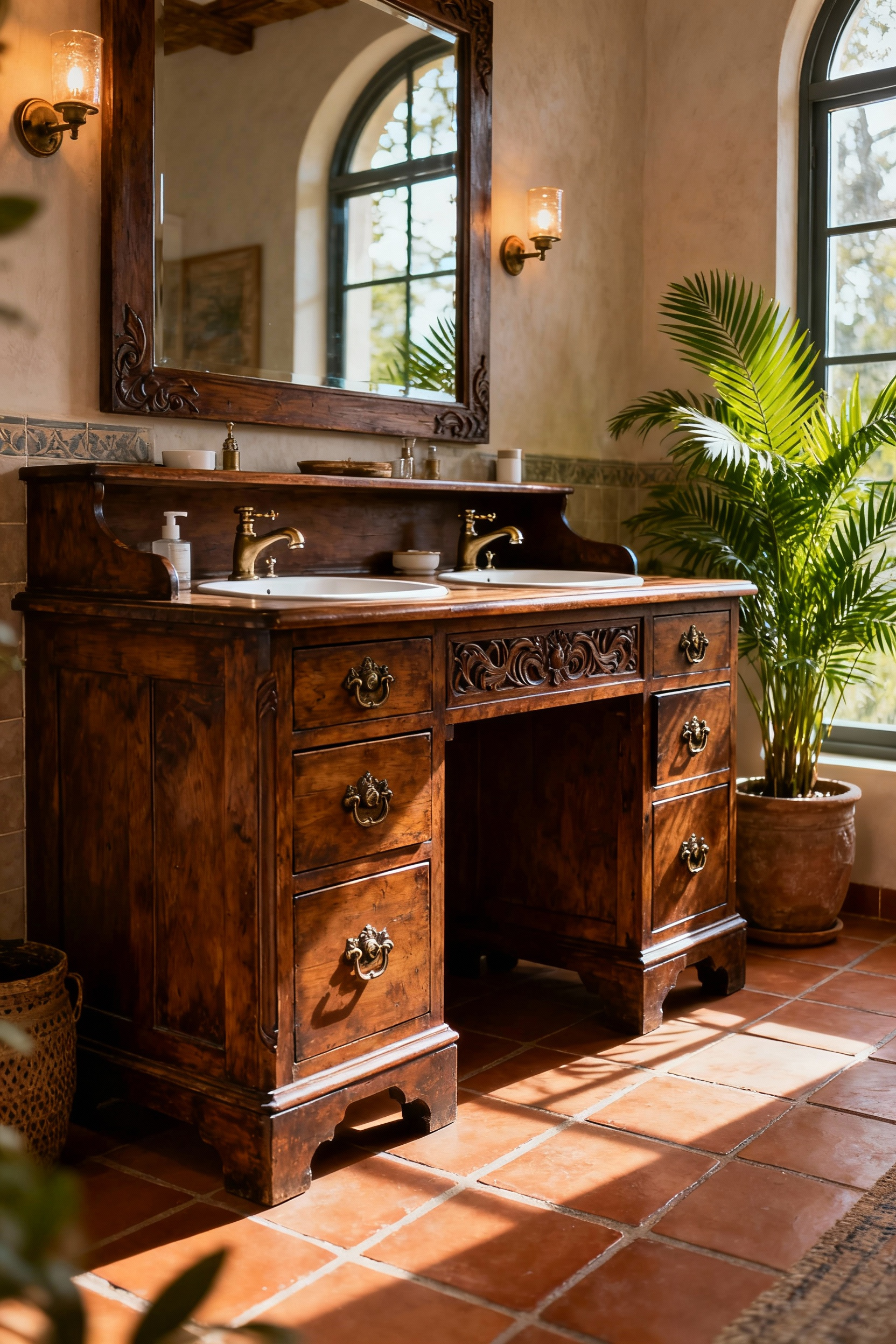 Bohemian bathroom featuring a repurposed early 20th-century oak writing desk transformed into a dual-sink vanity, showcasing original hardware and detailed carvings, surrounded by natural decor elements.