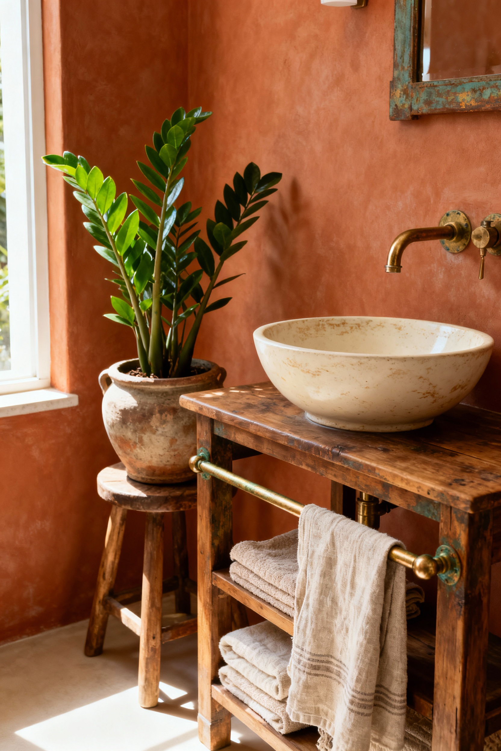 A bohemian bathroom with terracotta walls, a wooden washstand, a ceramic basin, brass accents, and a ZZ plant, all in an earth-inspired color palette.